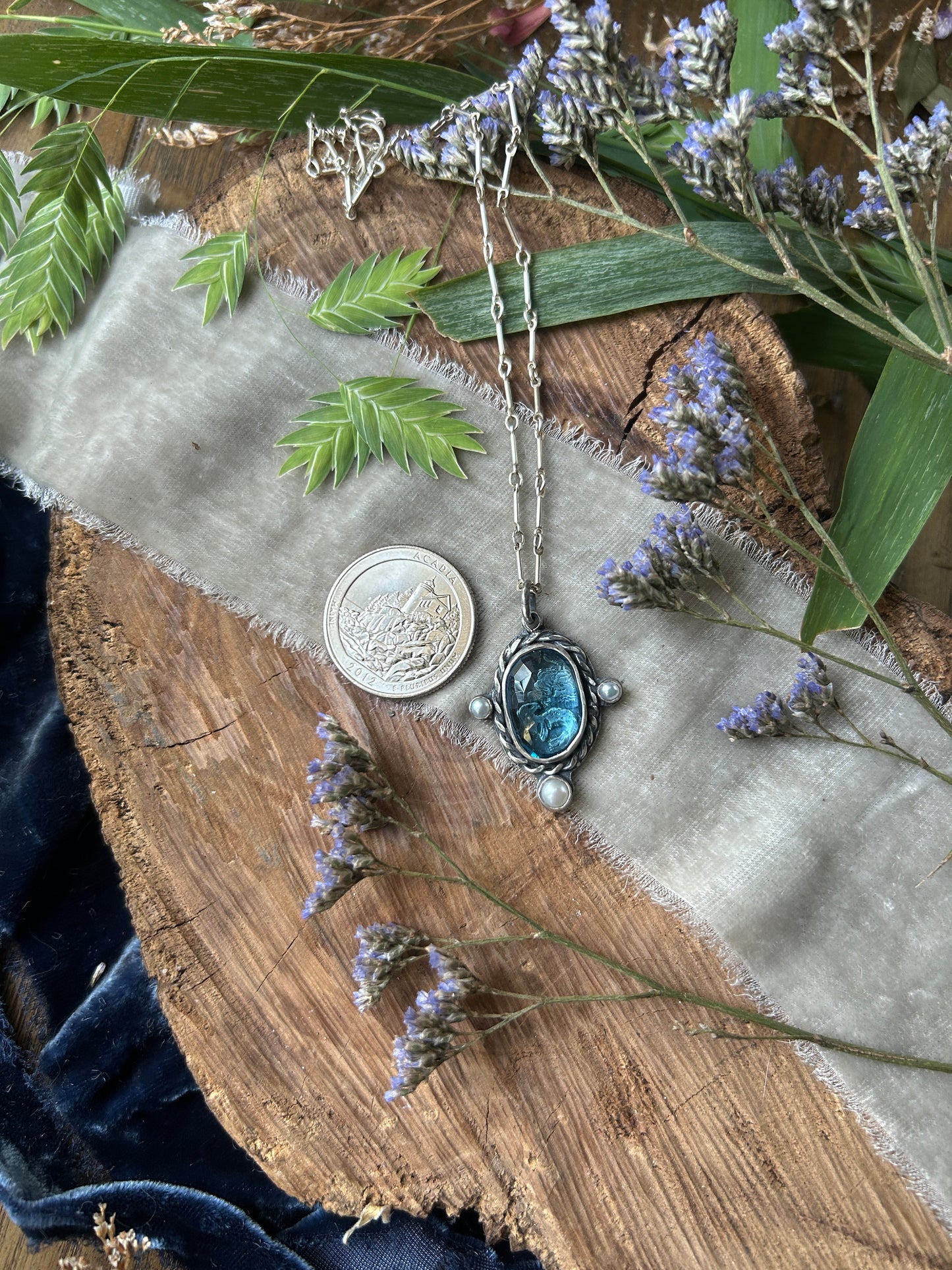 Seaside Selkie under London Blue topaz Necklace- sterling silver jewelry pearl accents
