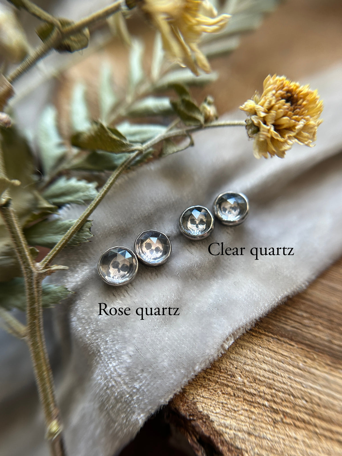 Tiny Quartz Skull Stud Earrings Sterling silver jewelry- made to order