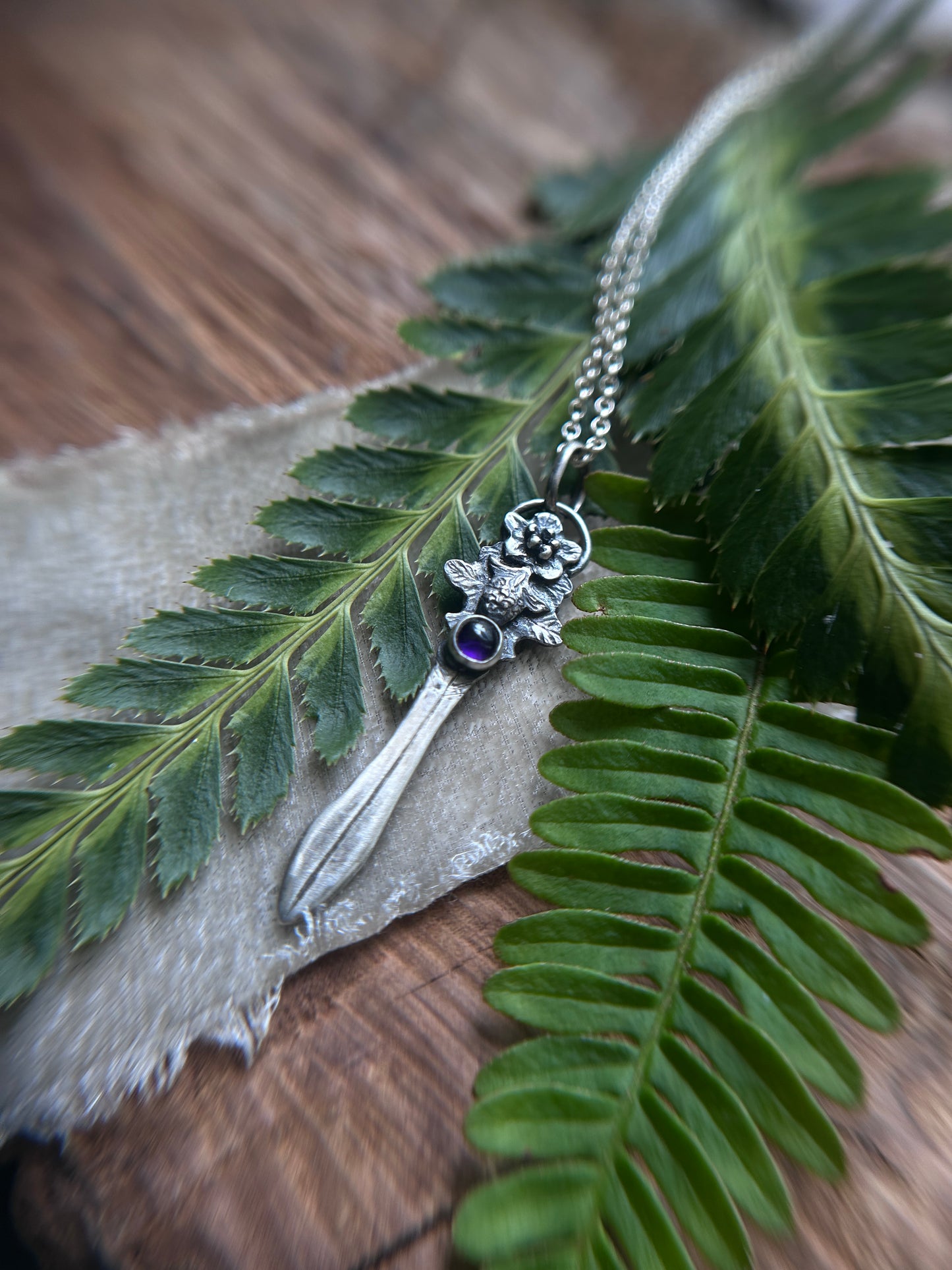 Blackberry bramble sword necklace with amethyst- Sterling silver jewelry