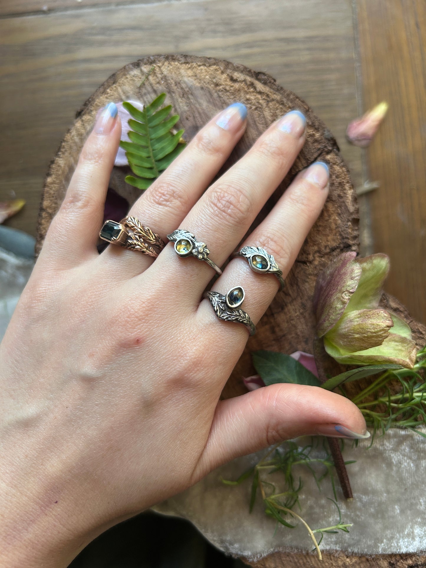 Meadowsweet sprig with songea sapphire ring- Sterling silver jewelry