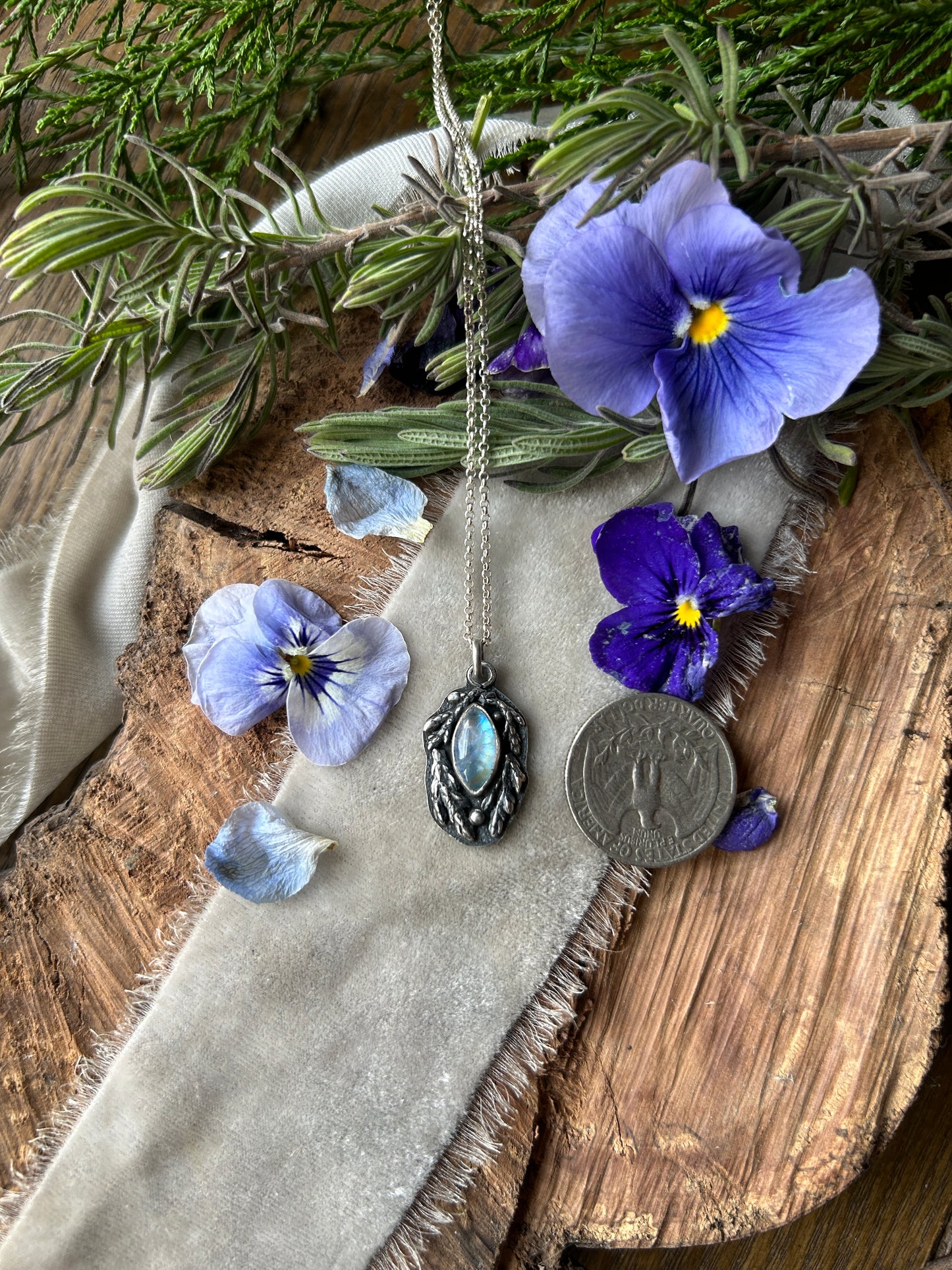 Rainbow Moonstone with Cedar Branches Necklace- sterling silver