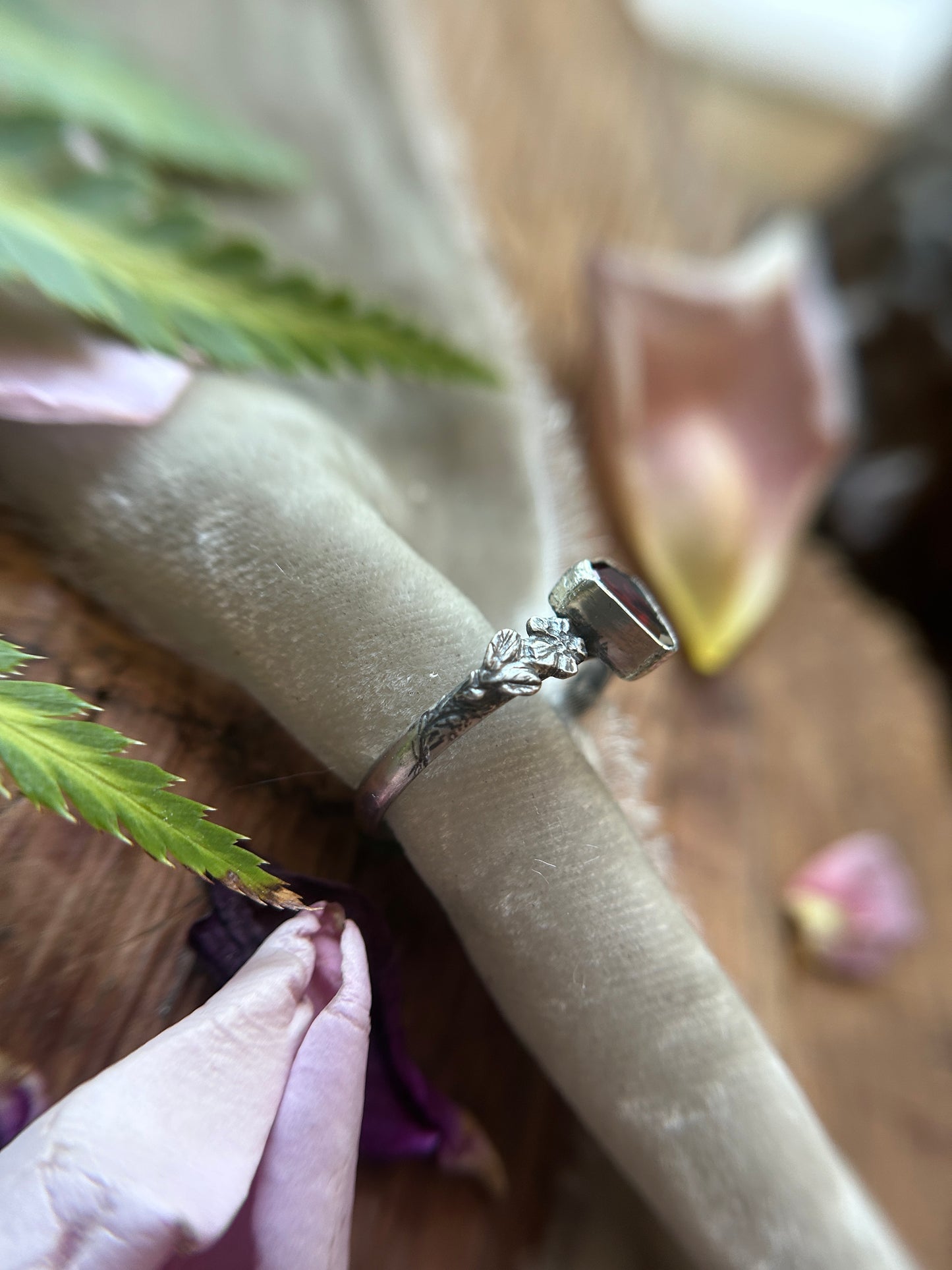 Wild roses & skull ring with portrait cut coffin garnet- Sterling silver jewelry