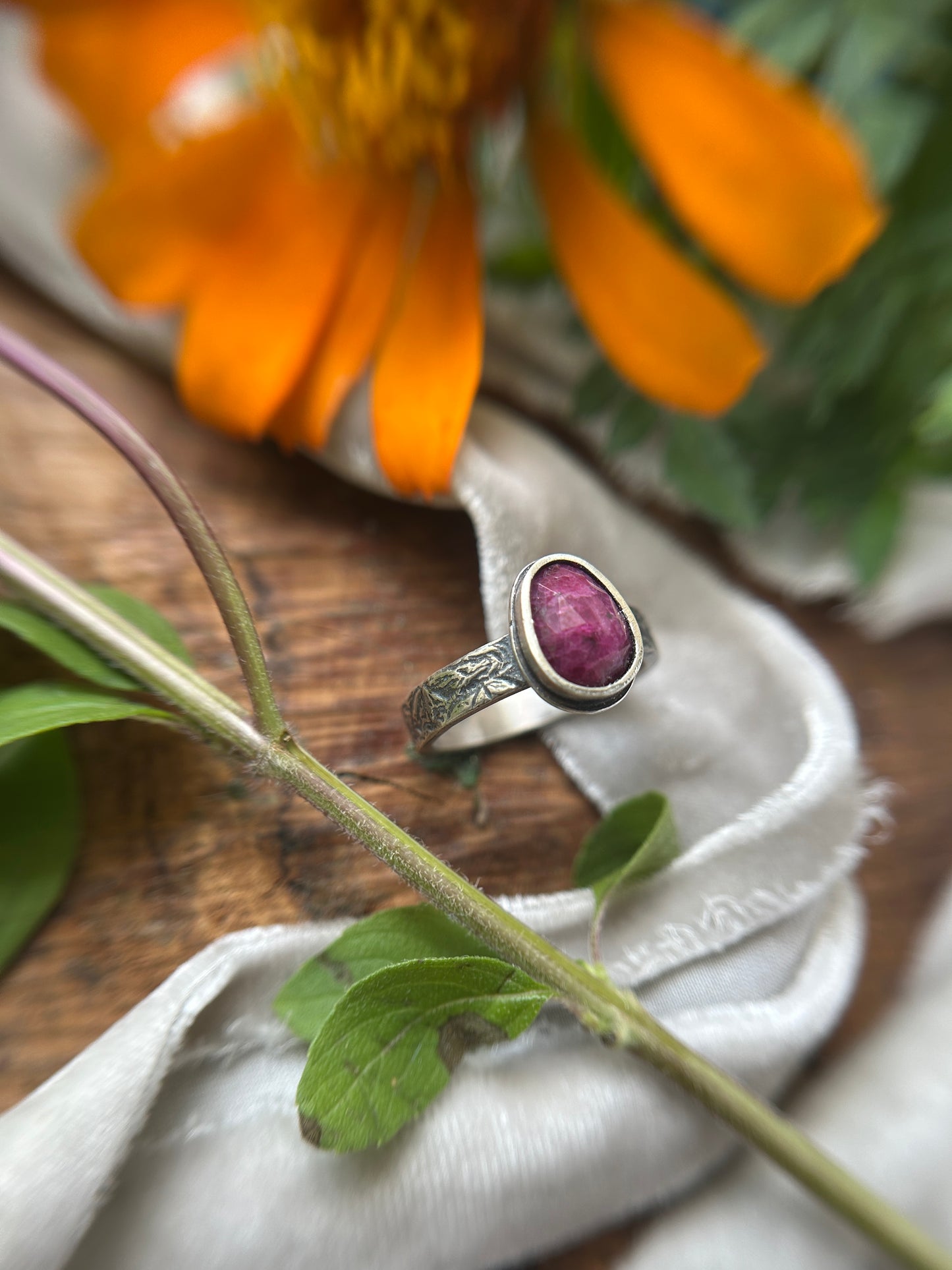Dragon in Flight engraved ring with silken ruby- sterling silver jewelry