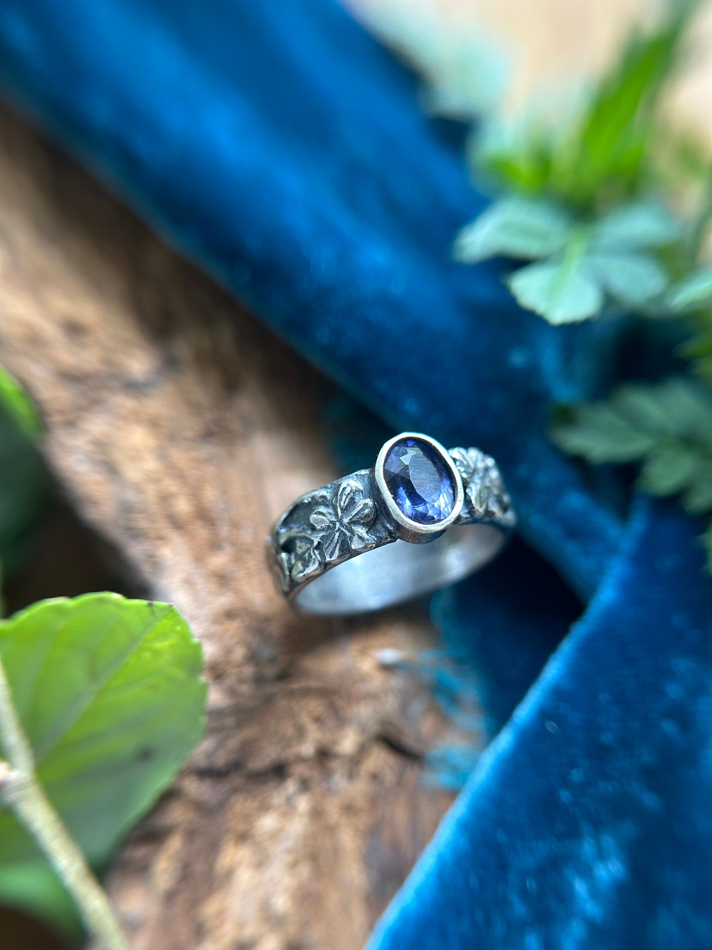 Woods Violet and Iolite wide hammered band ring- sterling silver jewelry