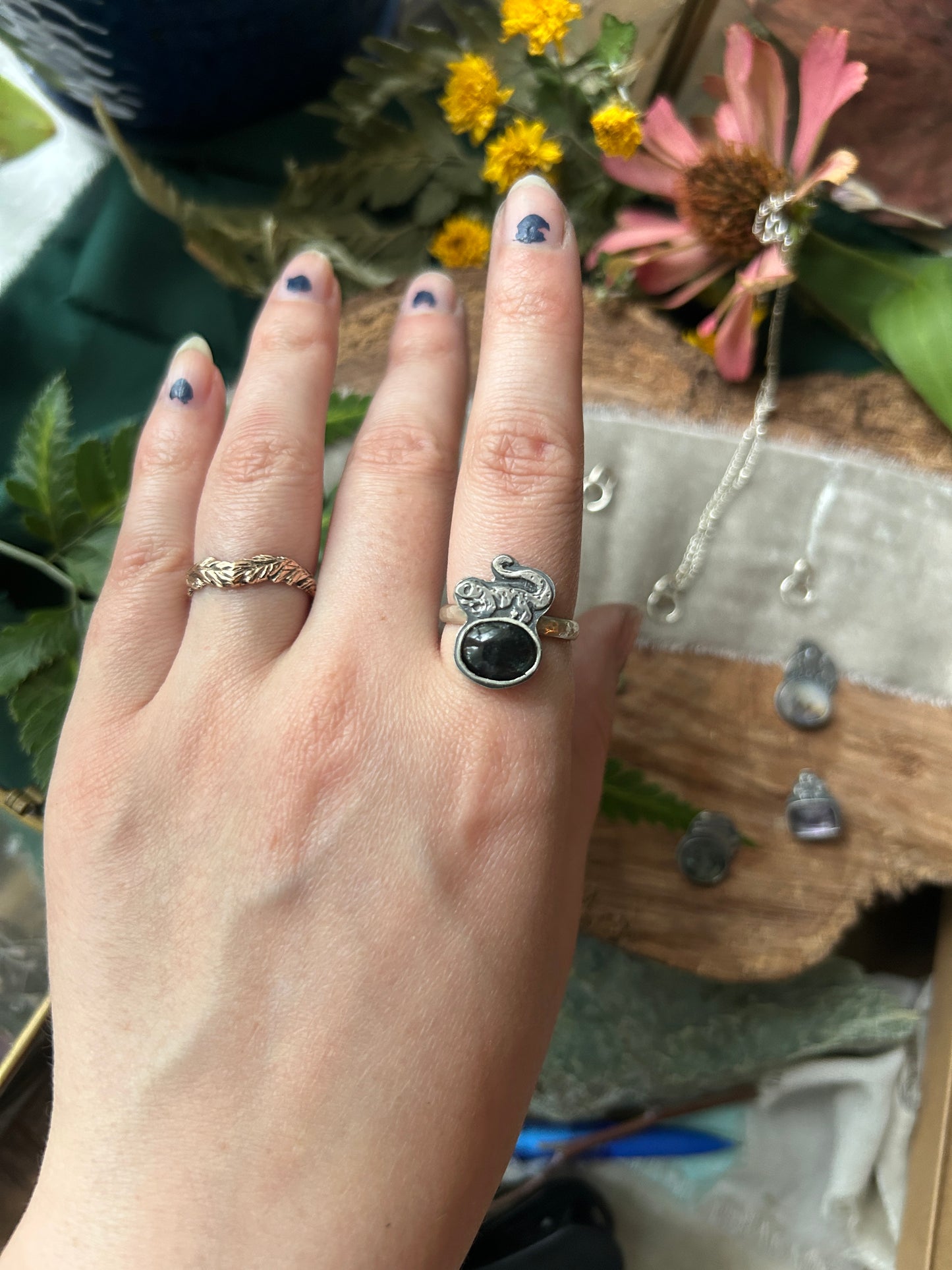 Woodland creature with gemstone- your choice of ring or pendant- sterling silver jewelry