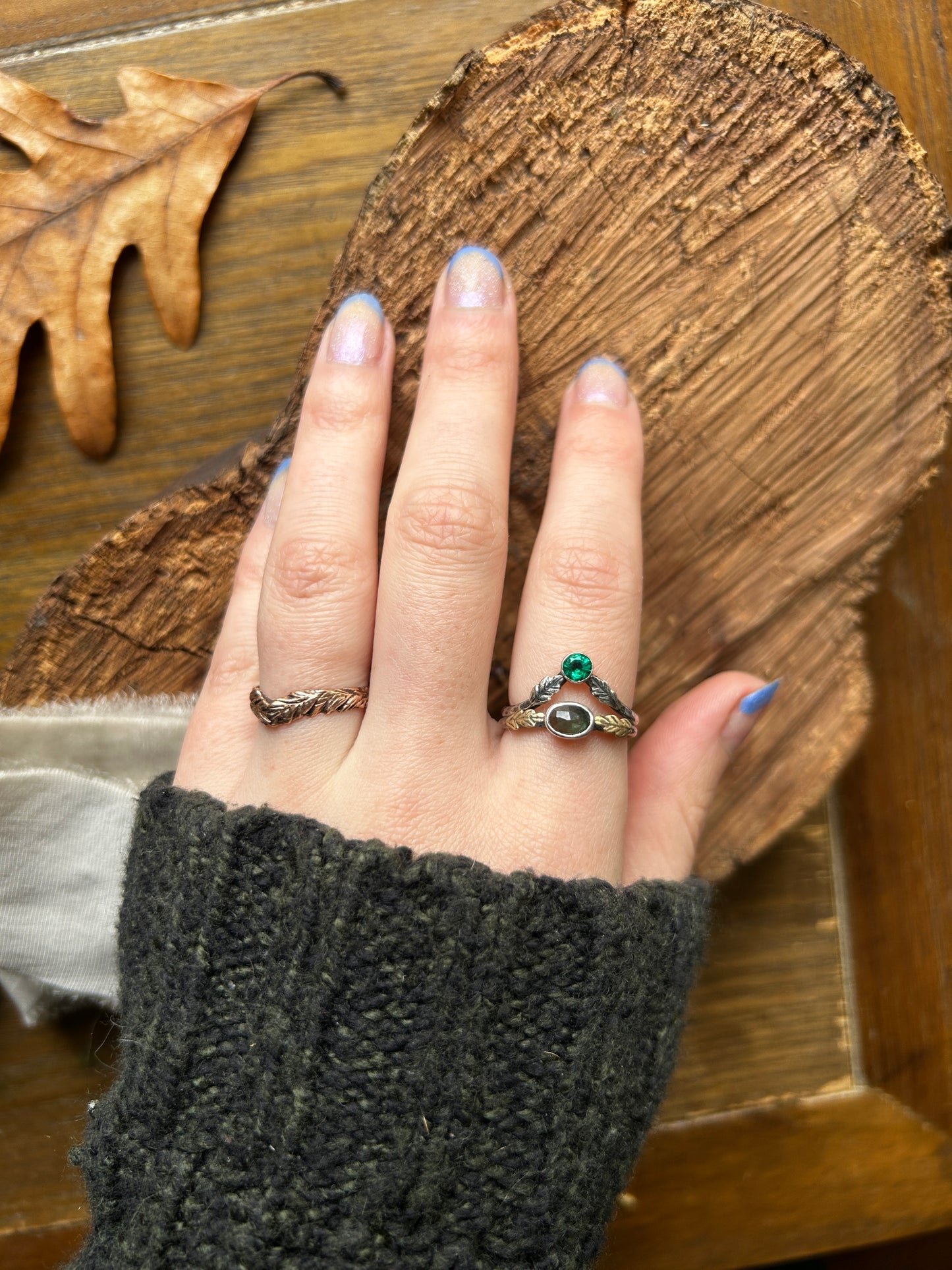 Woodland leaf stackable ring- choice of gemstone, leaves, and ring size sterling silver with choice of brass or copper made to order jewelry