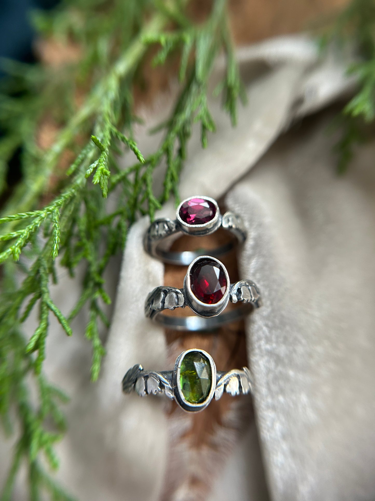 Ready to ship Lily of the valley ring- choice of green tourmaline or rhodolite garnet- sterling silver