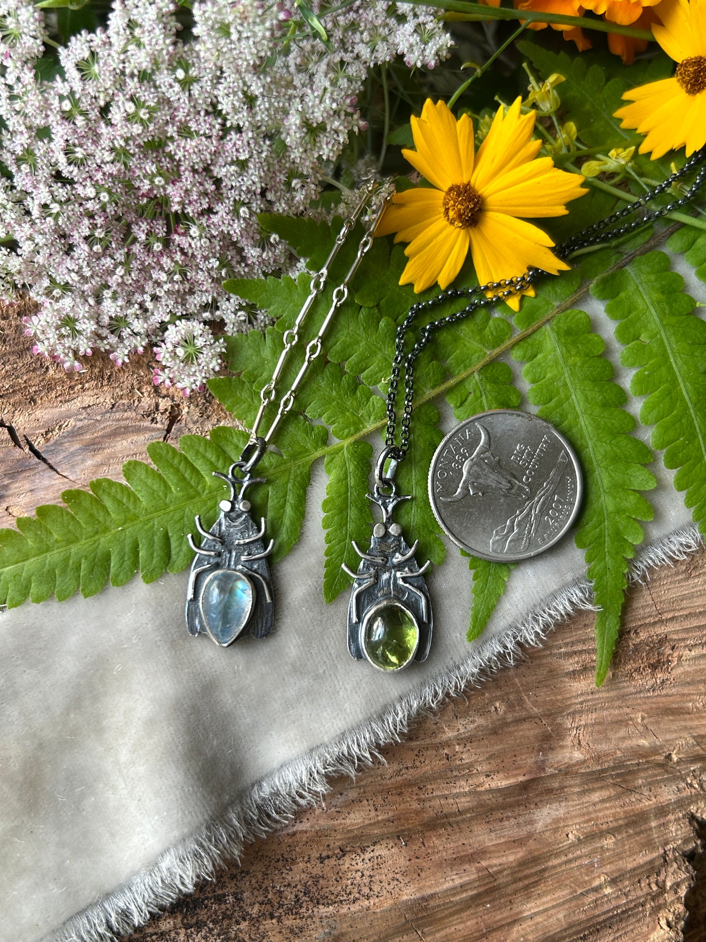Firefly necklaces- moonstone or peridot-sterling silver handmade jewelry