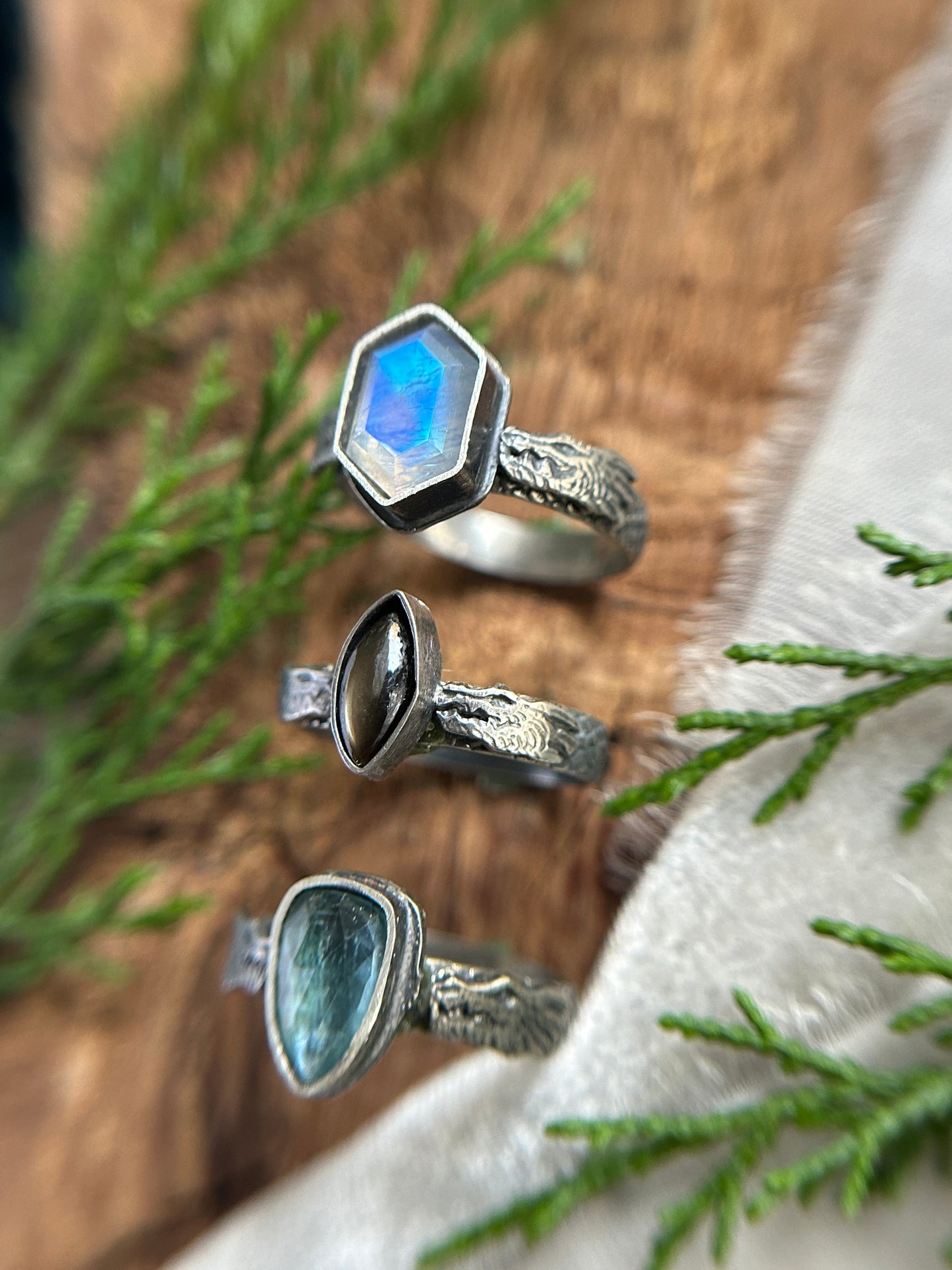 dragon ring in moonstone, star sapphire, or kyanite- finished to ring size-sterling silver dragon scale ring