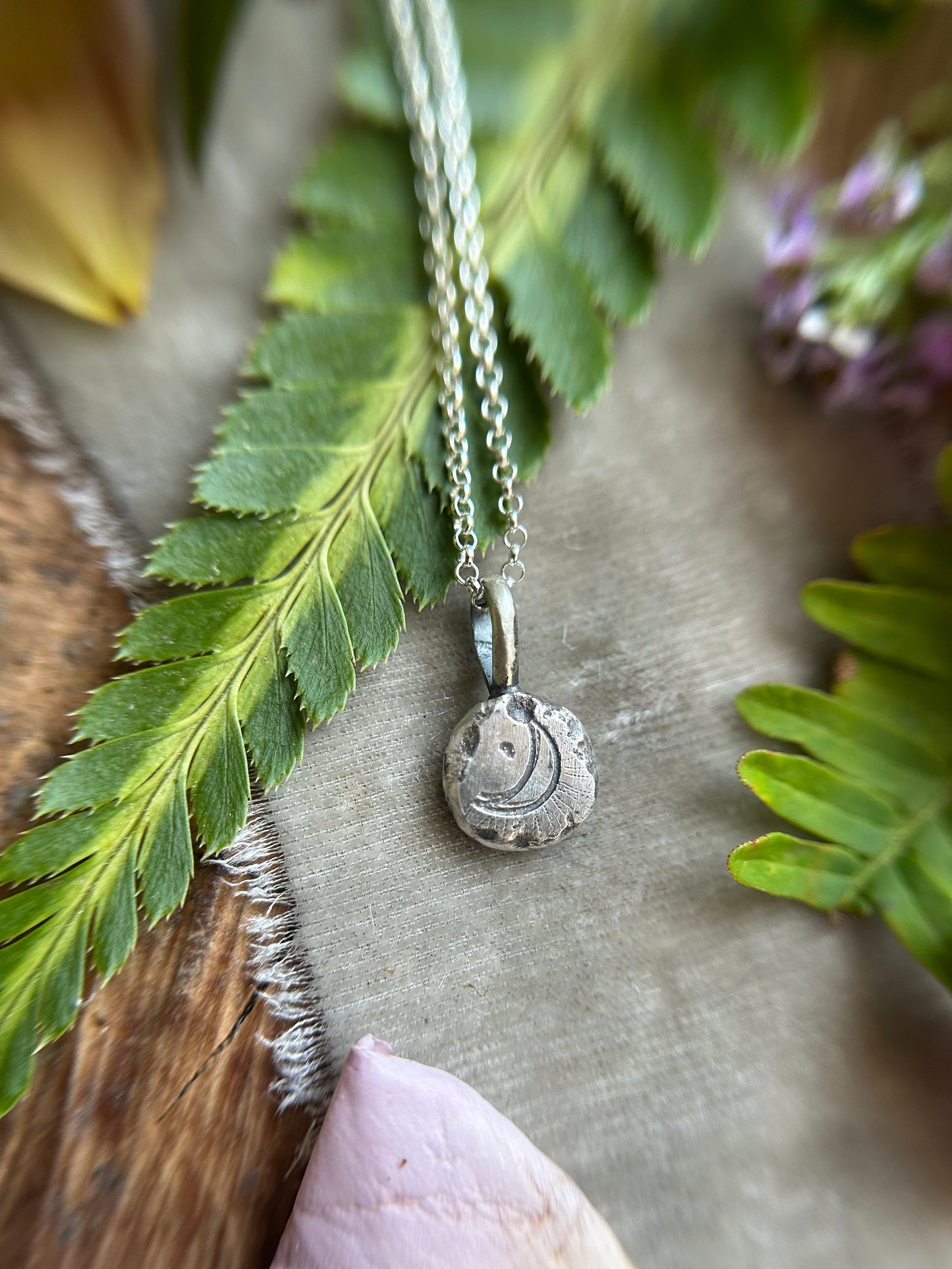Moon pebble with ferns and emerald necklace- Sterling silver jewelry