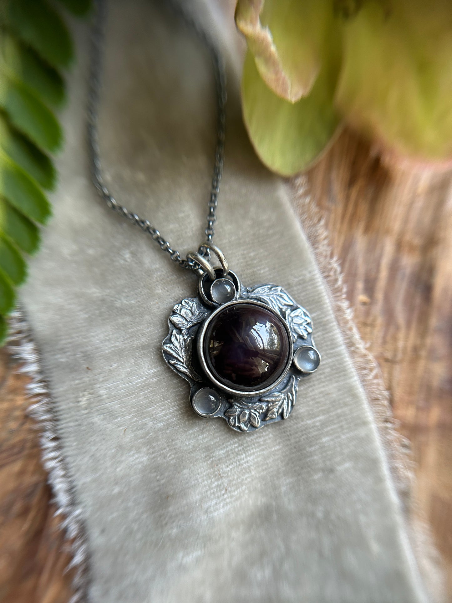 Star garnet and grey moonstone hellebore flower necklace- Sterling silver jewelry