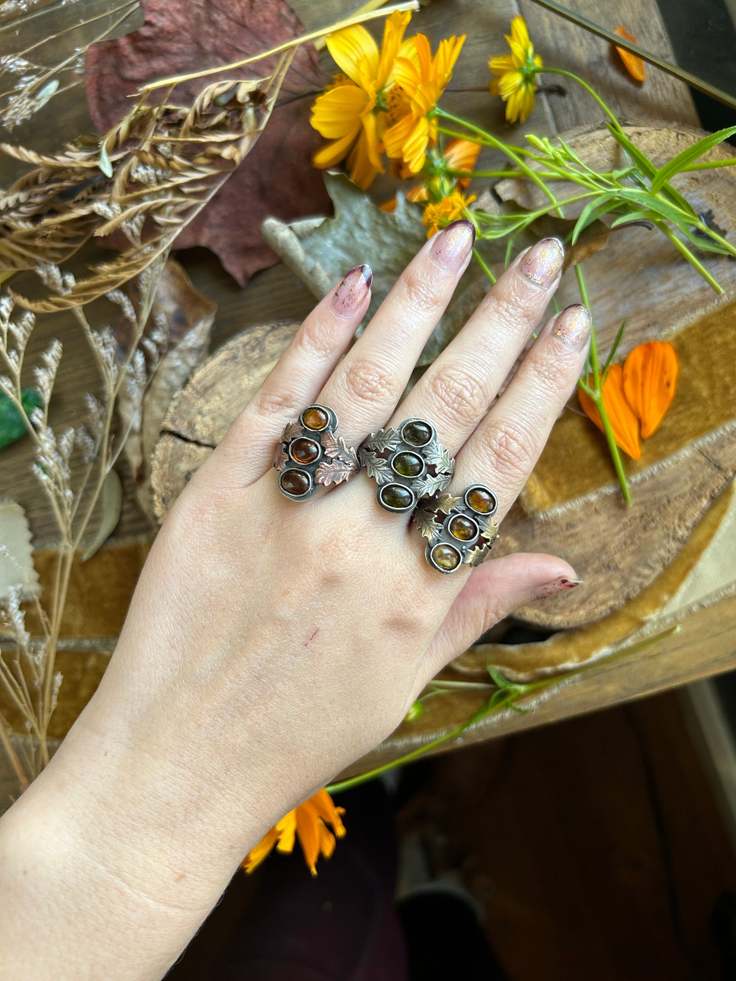 Tourmaline Autumn Forest Rings- any size- choice of green, orange, or yellow. Silver, copper, brass oak leaves