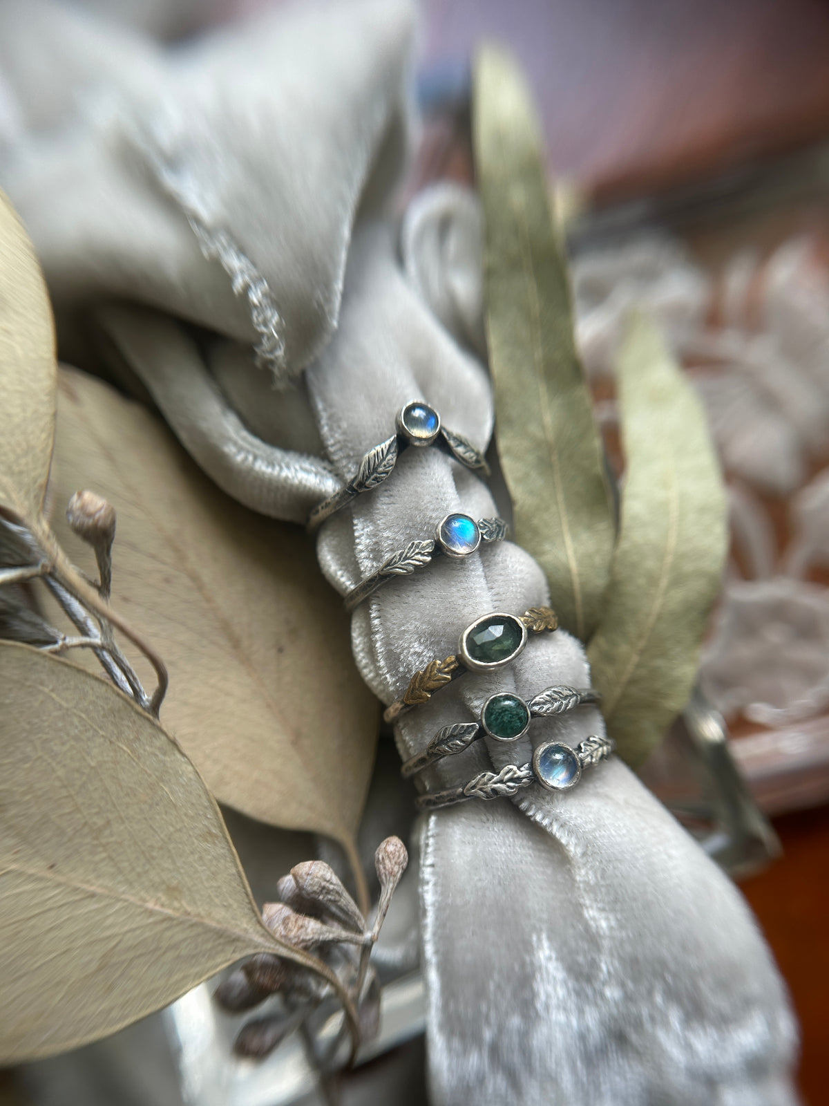 Ready to ship Woodland Leaf Rings- assorted gemstones- sterling silver jewelry