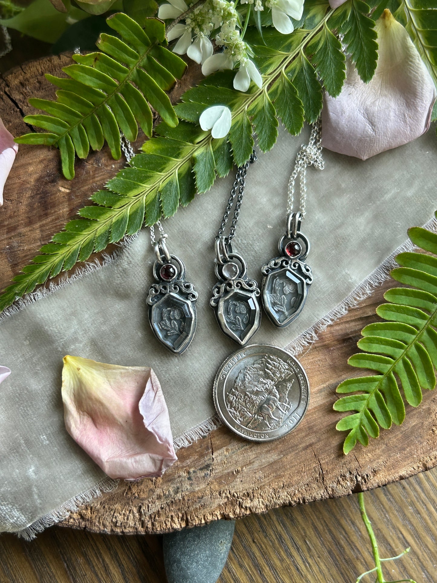 Enchanted rose necklace with portrait cut quartz & choice of garnet or rose quartz- Sterling silver jewelry
