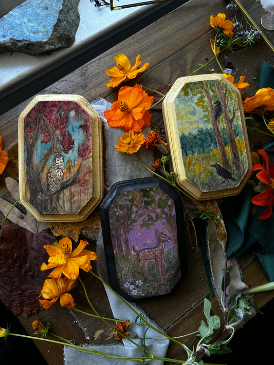 Original miniature watercolor painting on wood- ready to display art- deer fawn, barred owls, crows, autumn forest, goldenrod, blackberry bramble