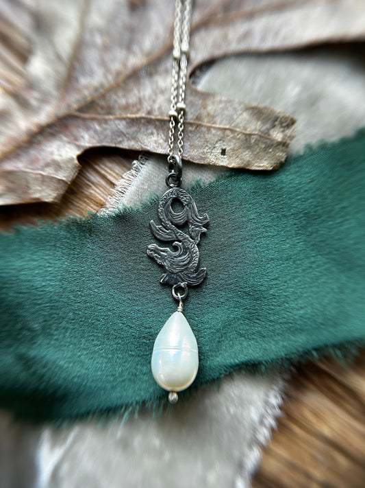 Sea Serpent Dragon with Baroque Pearl Necklace- sterling silver jewelry