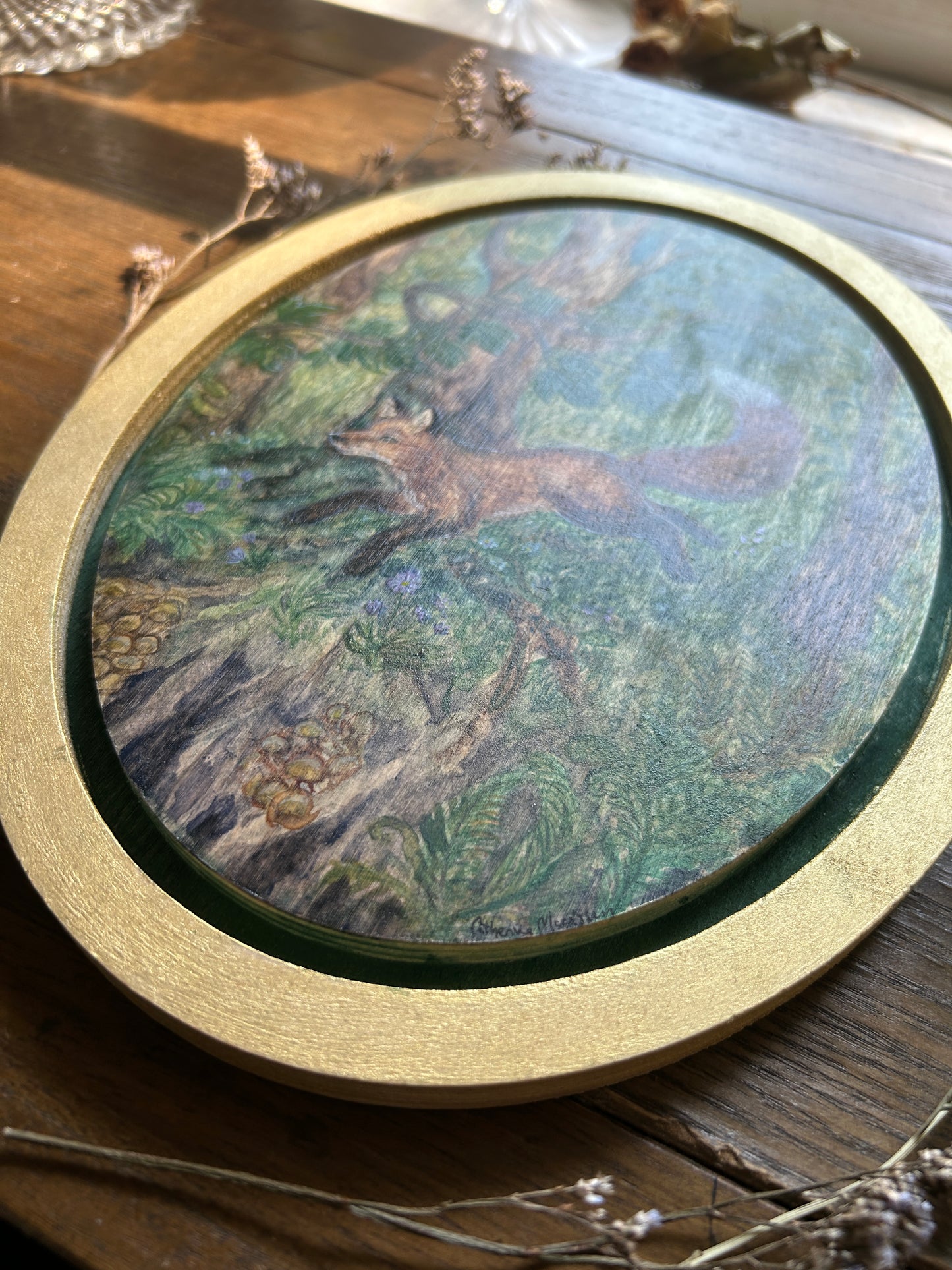 Fox Frolic through the Forest- Original watercolor painting on wood- oval shaped floating frame painting