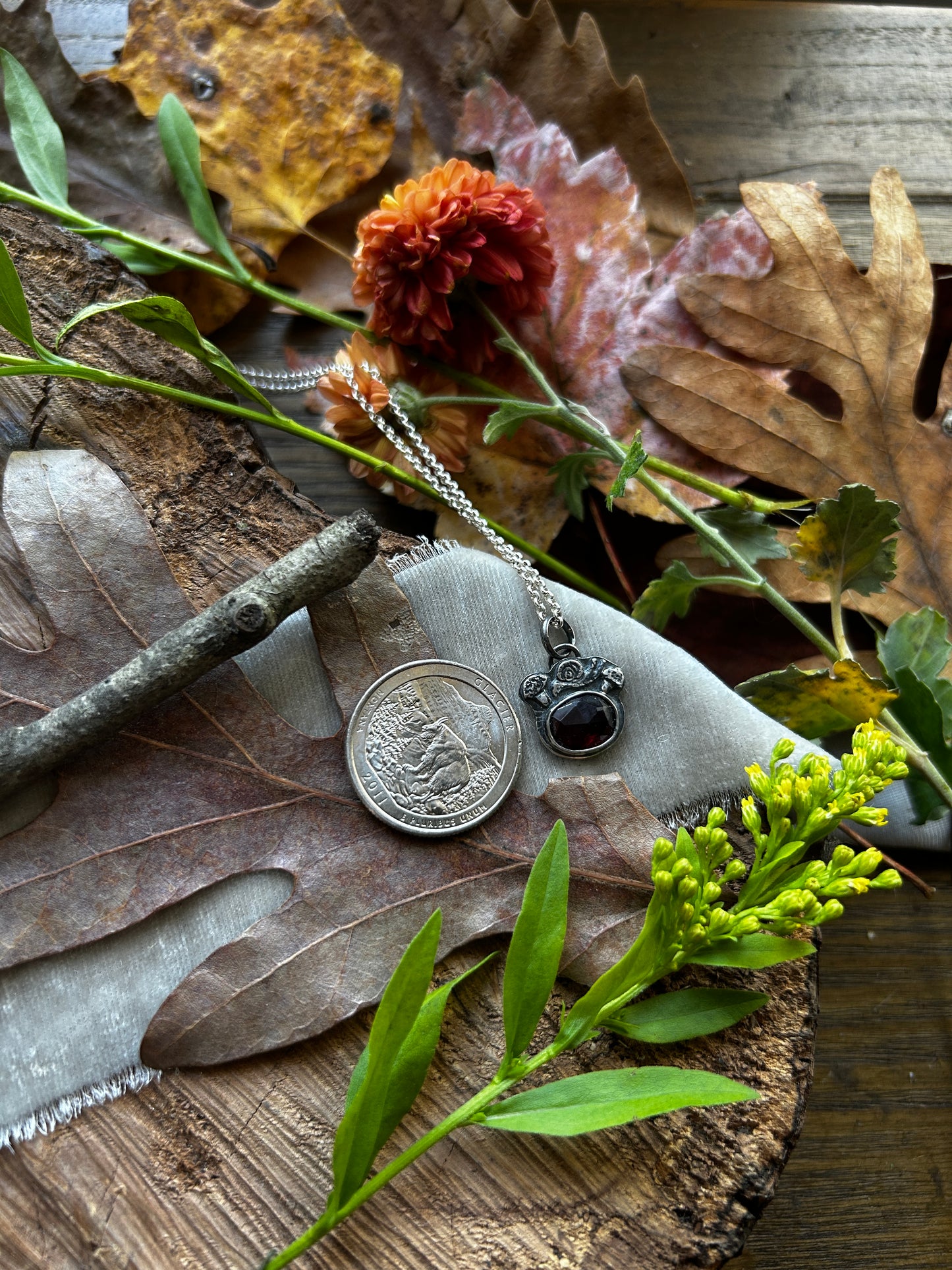 Mushroom Snail with Garnet Necklace- Sterling silver jewelry