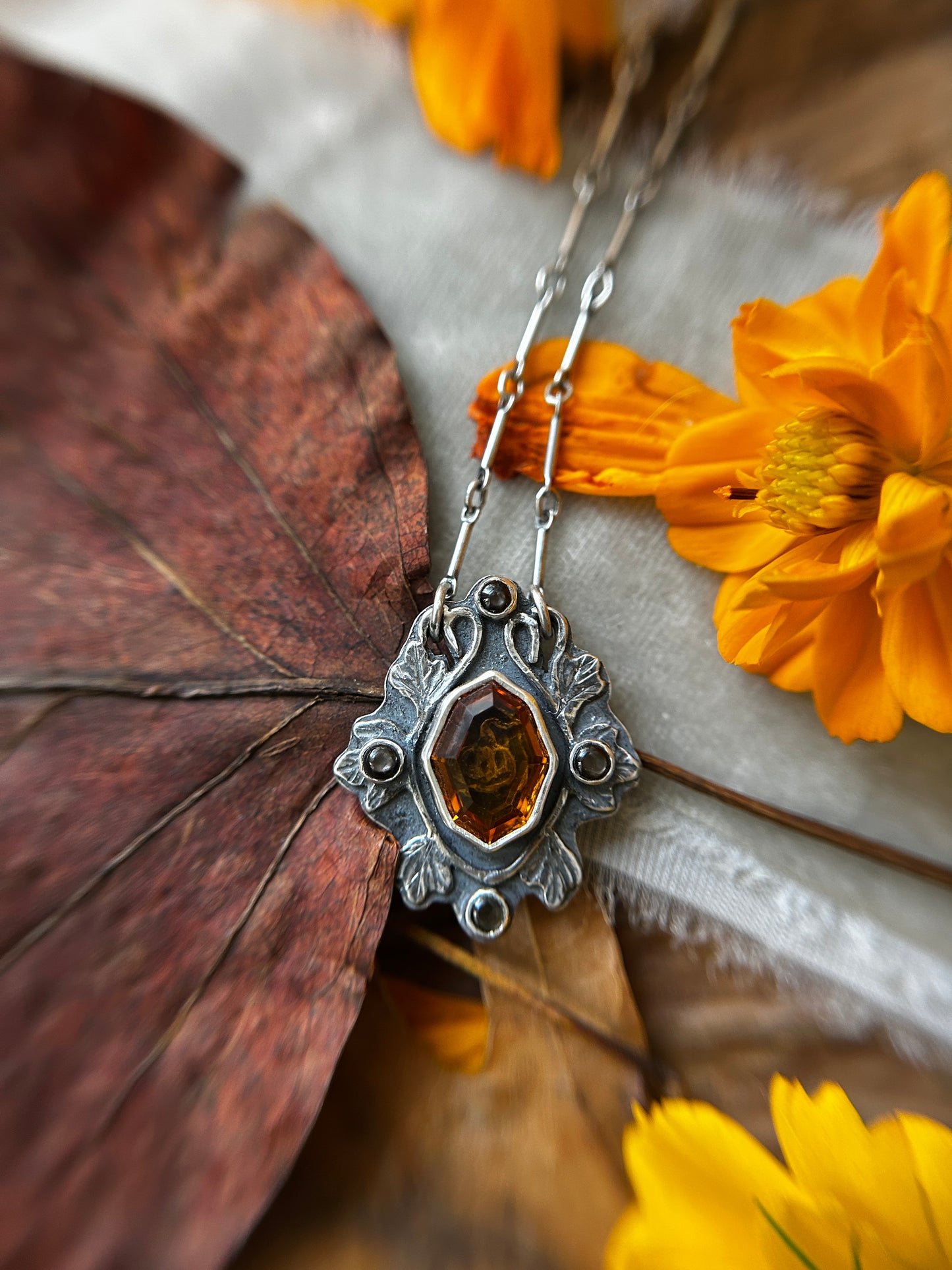 All Hallows Eve Jack-o-lantern necklace with santa ana madiera citrine stone- sterling silver jewelry