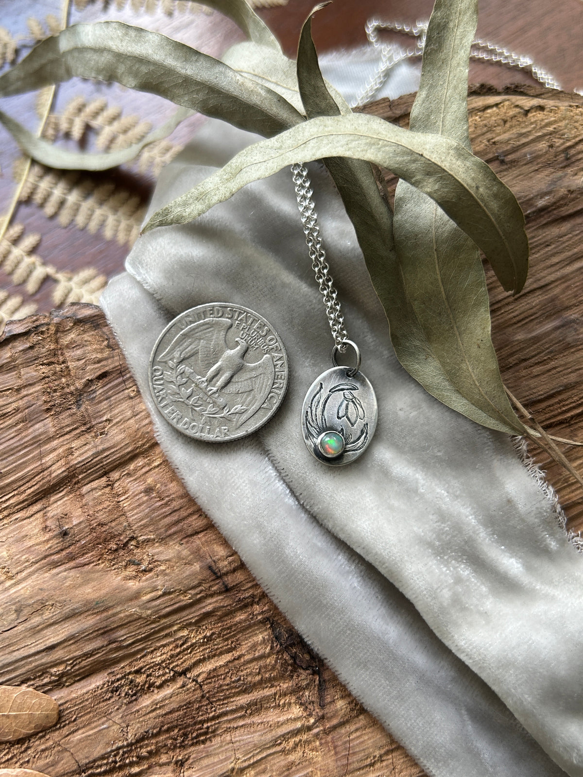 Snowdrop with Opal Necklace- sterling silver jewelry