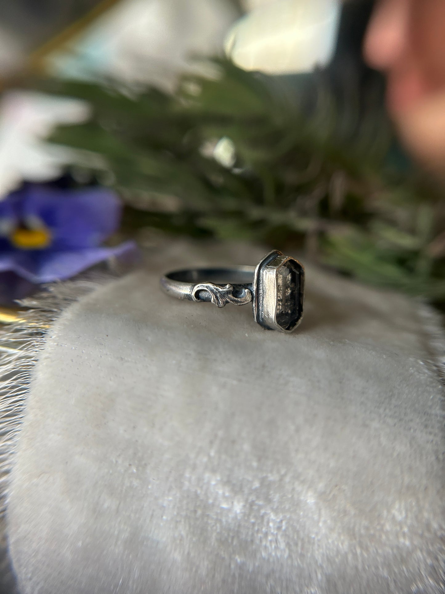 Pansy flower under quartz hexagon- sterling silver ring with swirl sprigs