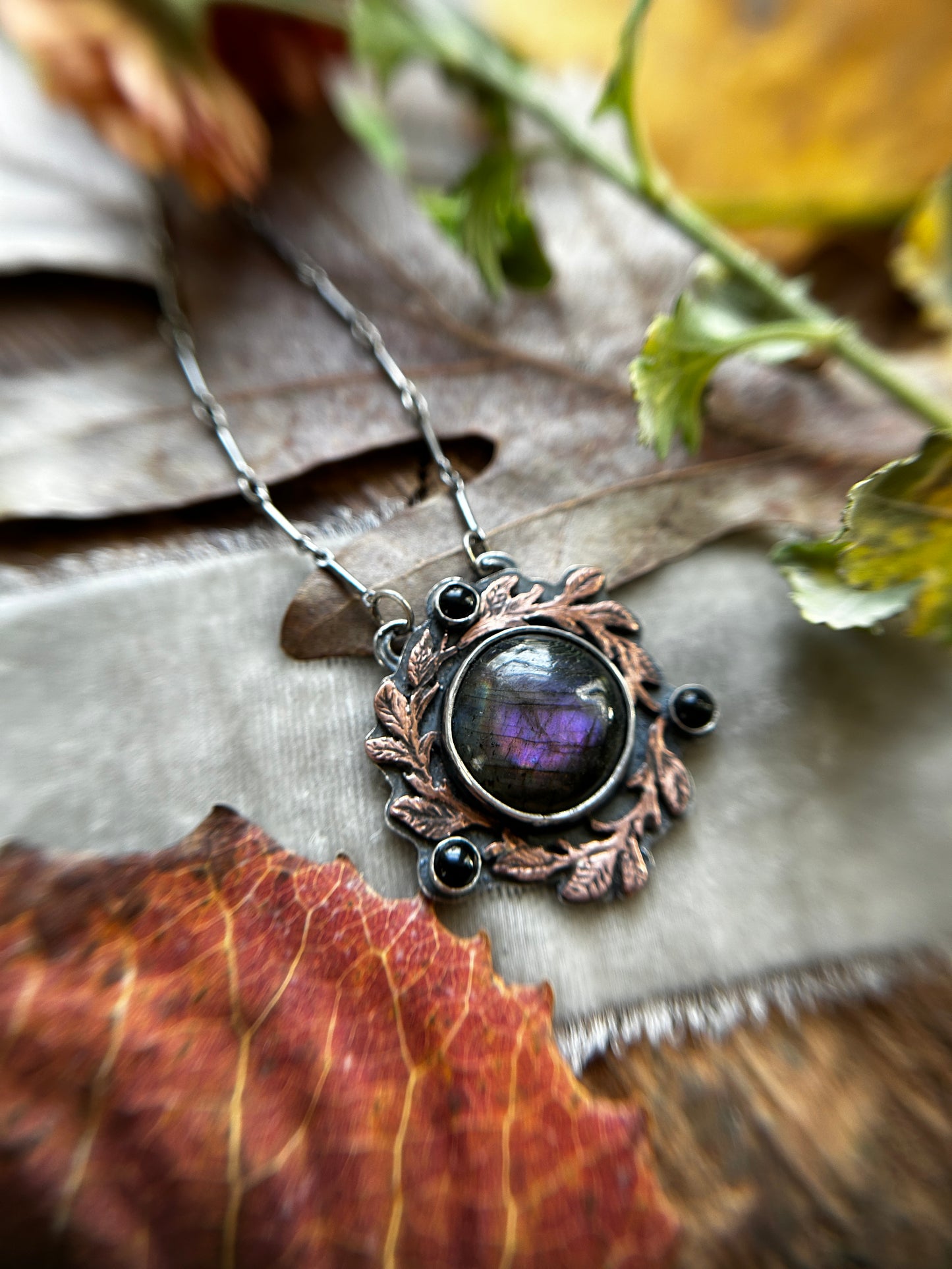 Autumnal Blackberry Vines with Purple Labradorite and Black Onyx- Sterling silver and copper jewelry