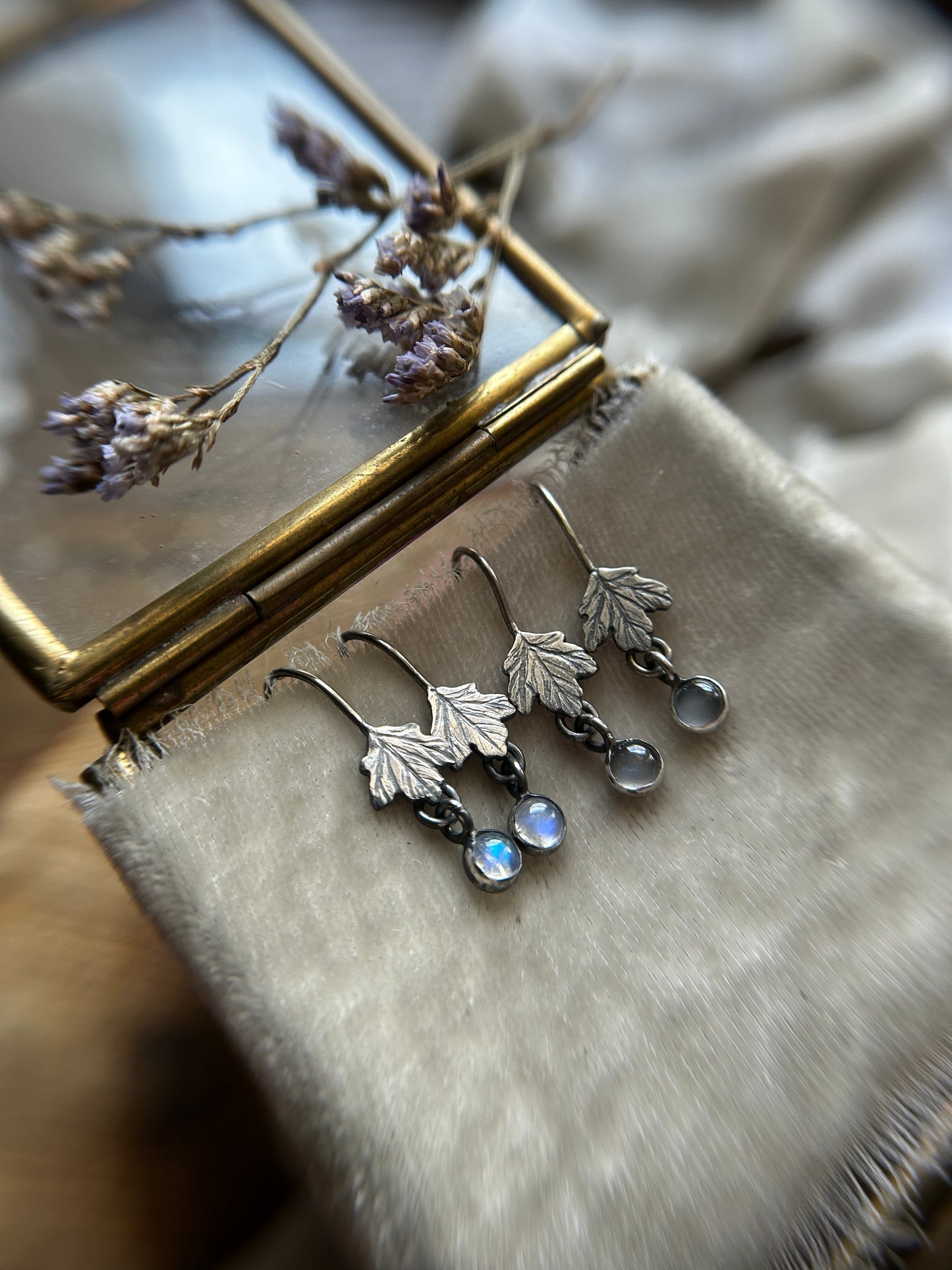 Woodland Leaf Earrings- sterling silver, brass, copper options with gem charm- jewelry