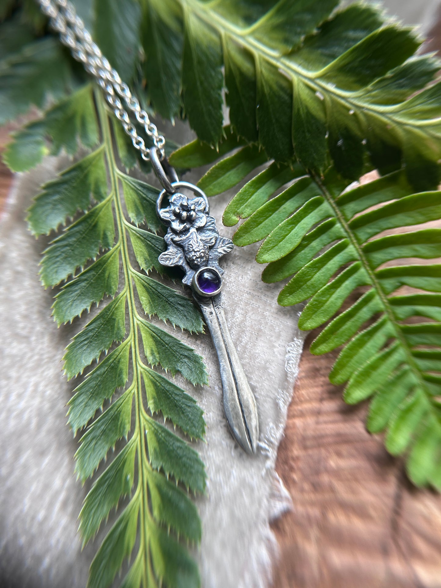 Blackberry bramble sword necklace with amethyst- Sterling silver jewelry
