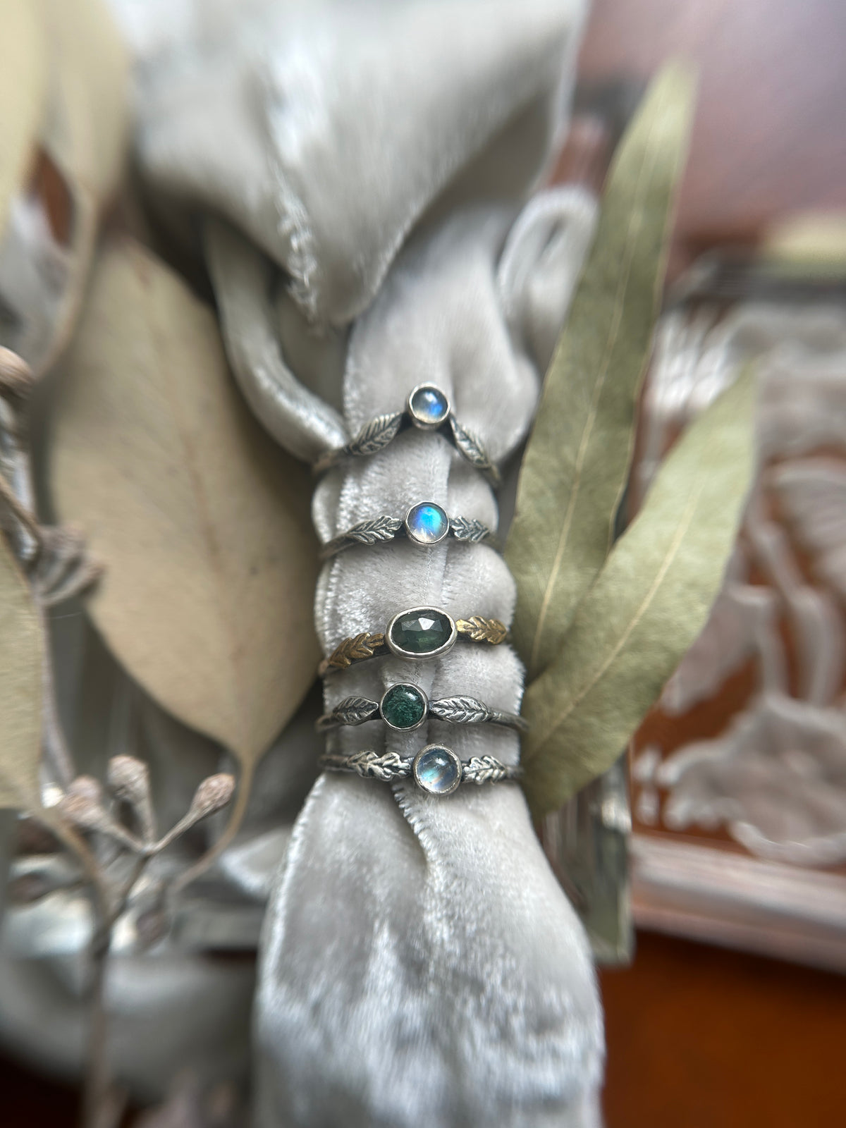 Ready to ship Woodland Leaf Rings- assorted gemstones- sterling silver jewelry