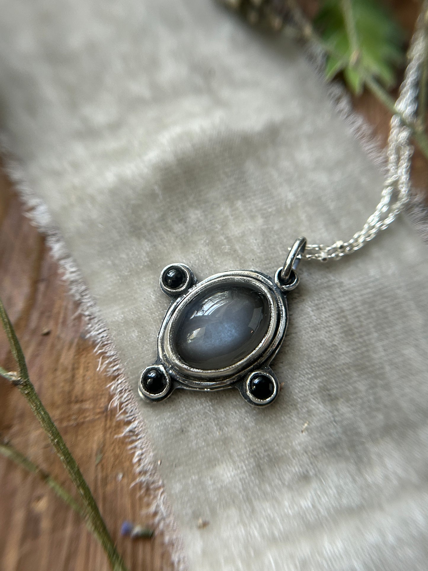 Weeping Willow Grey Moonstone and black onyx necklace- sterling silver jewelry