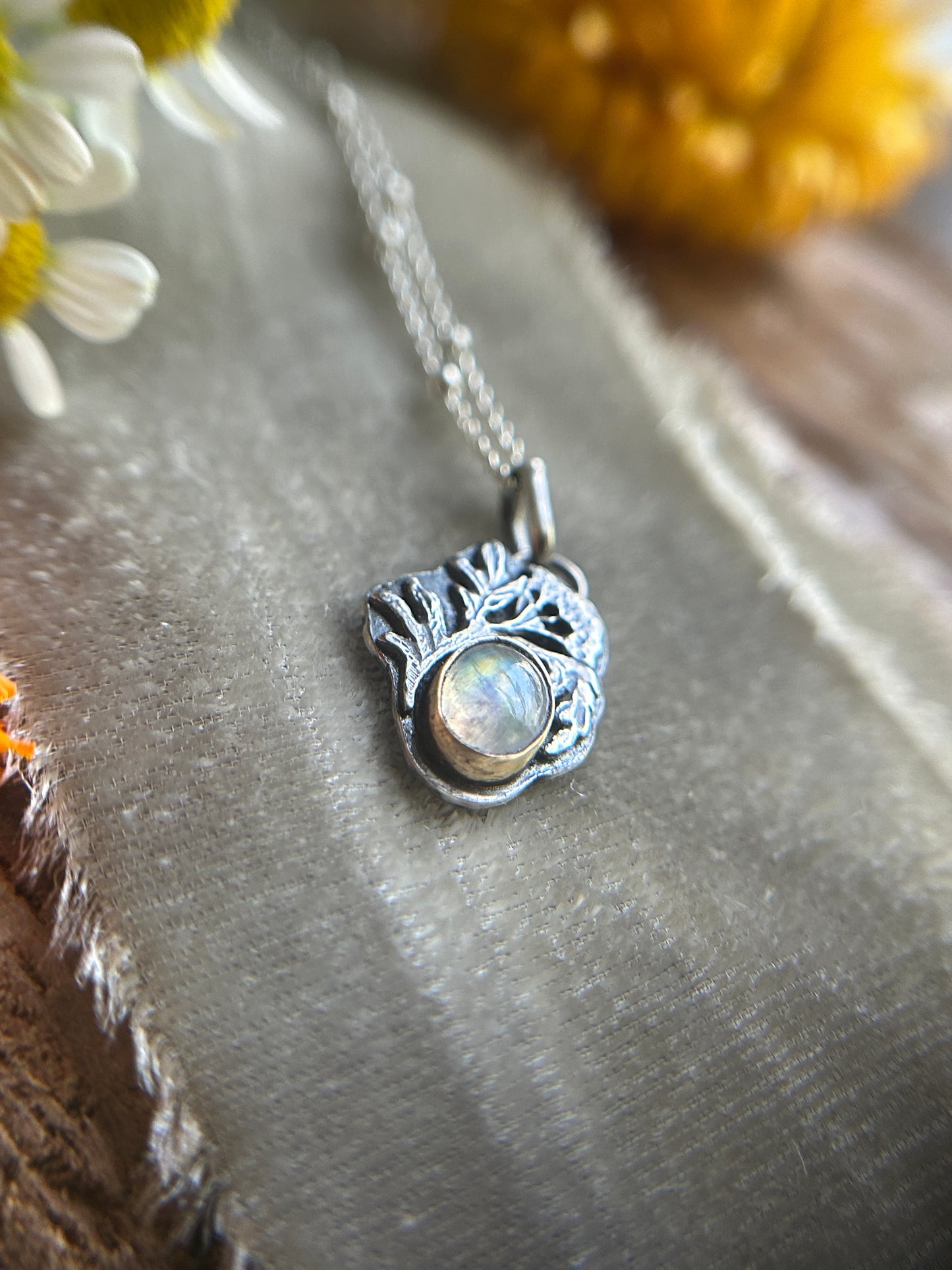 Rainbow moonstone elderflower necklace- brass and sterling silver jewelry