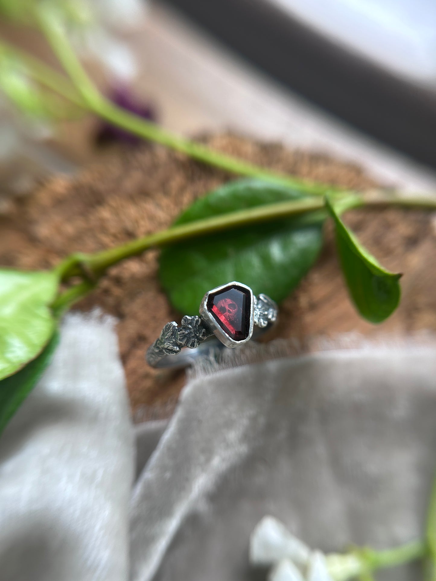 Wild roses & skull ring with portrait cut coffin garnet- Sterling silver jewelry