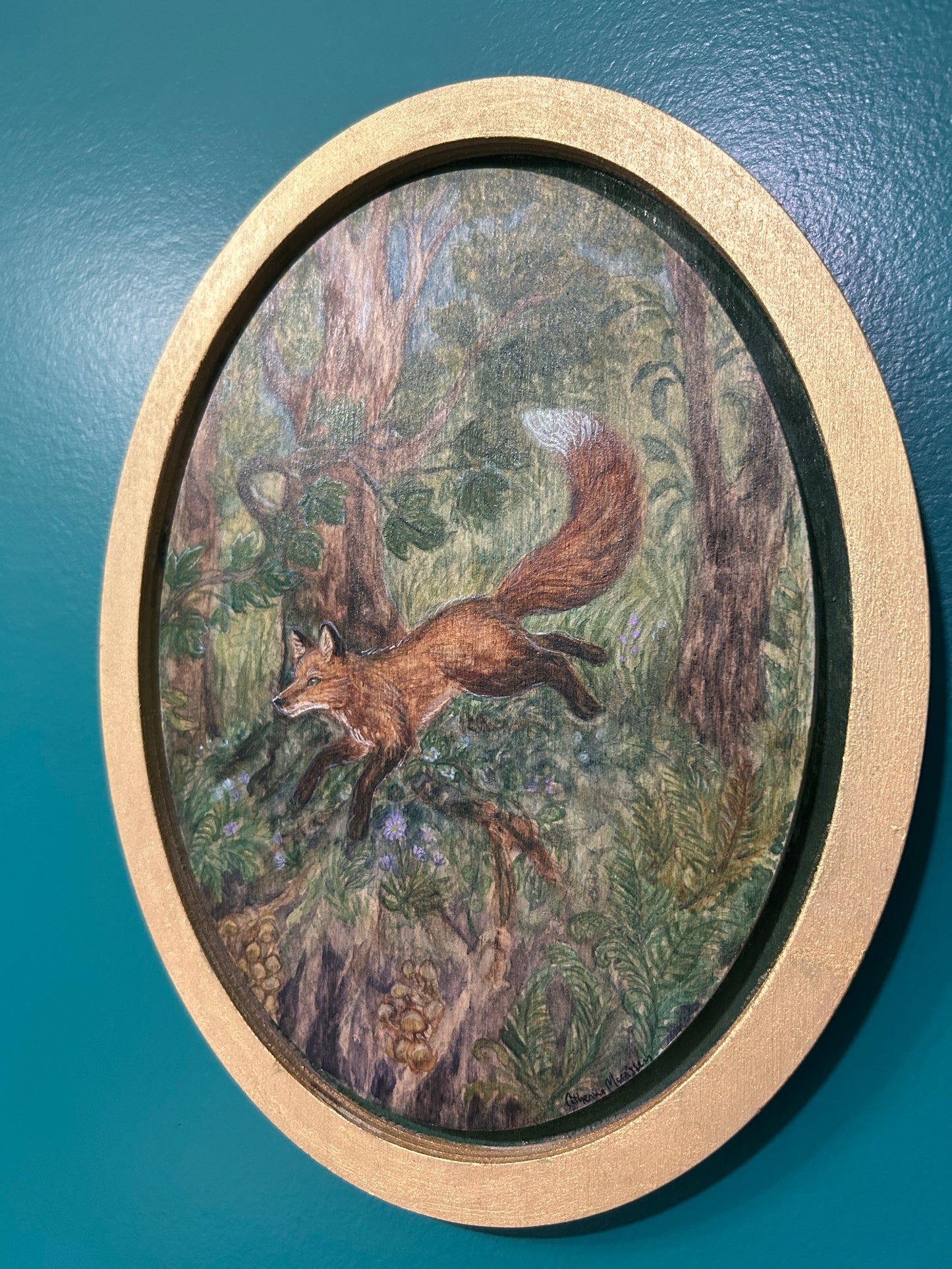 Fox Frolic through the Forest- Original watercolor painting on wood- oval shaped floating frame painting