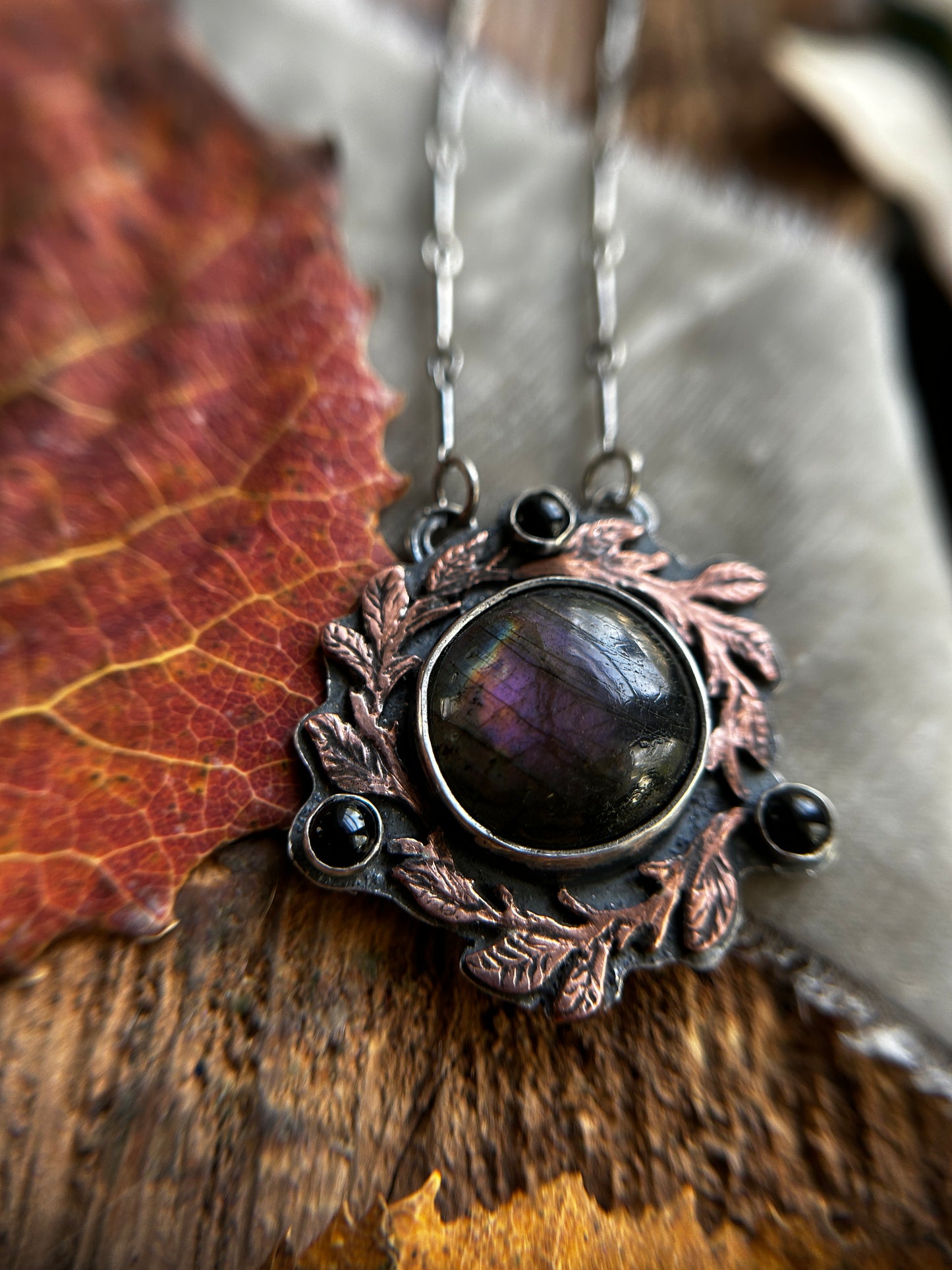 Autumnal Blackberry Vines with Purple Labradorite and Black Onyx- Sterling silver and copper jewelry