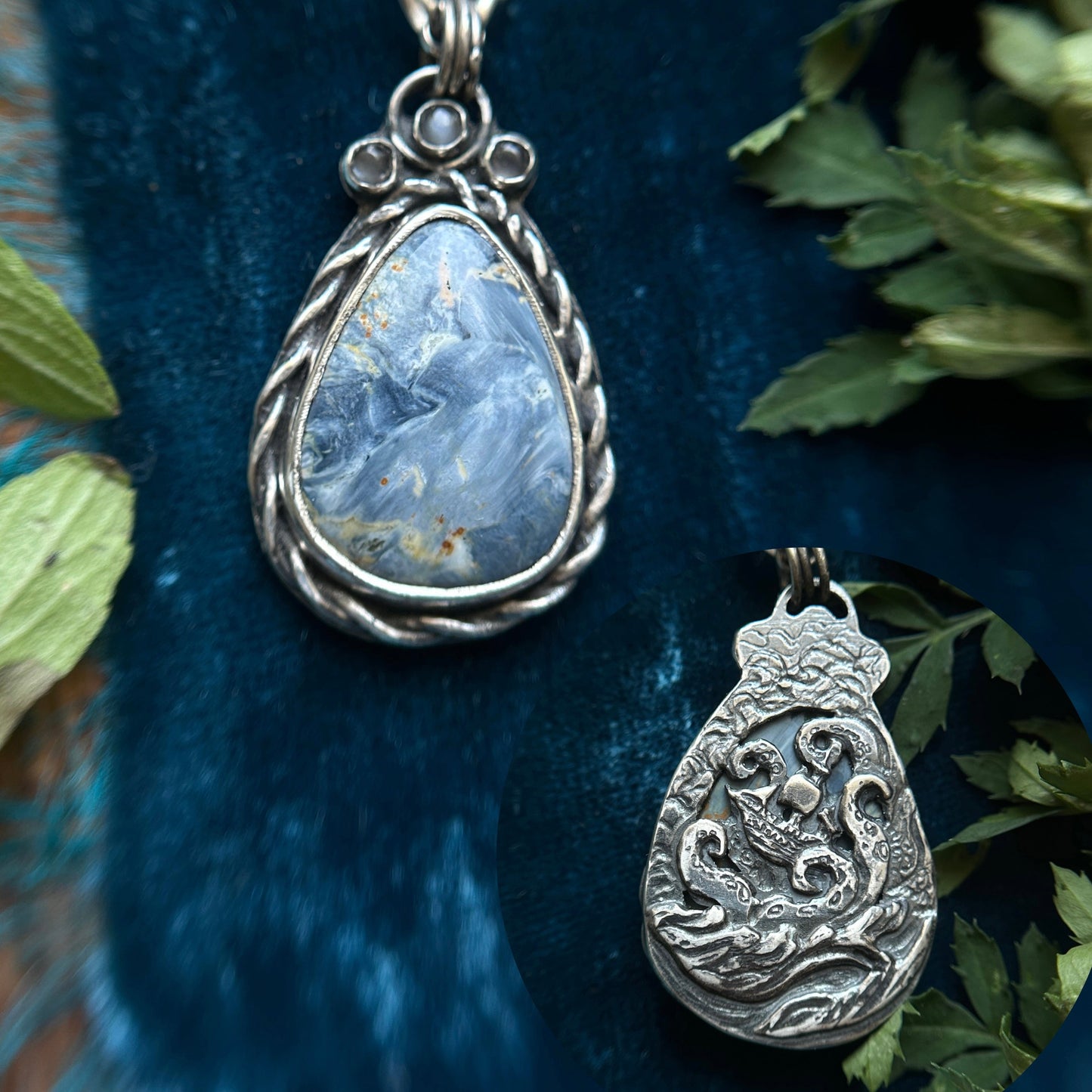 Pietersite with Grey Moonstone and Kraken with Ship detailing- sterling silver jewelry