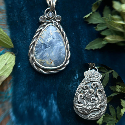 Pietersite with Grey Moonstone and Kraken with Ship detailing- sterling silver jewelry