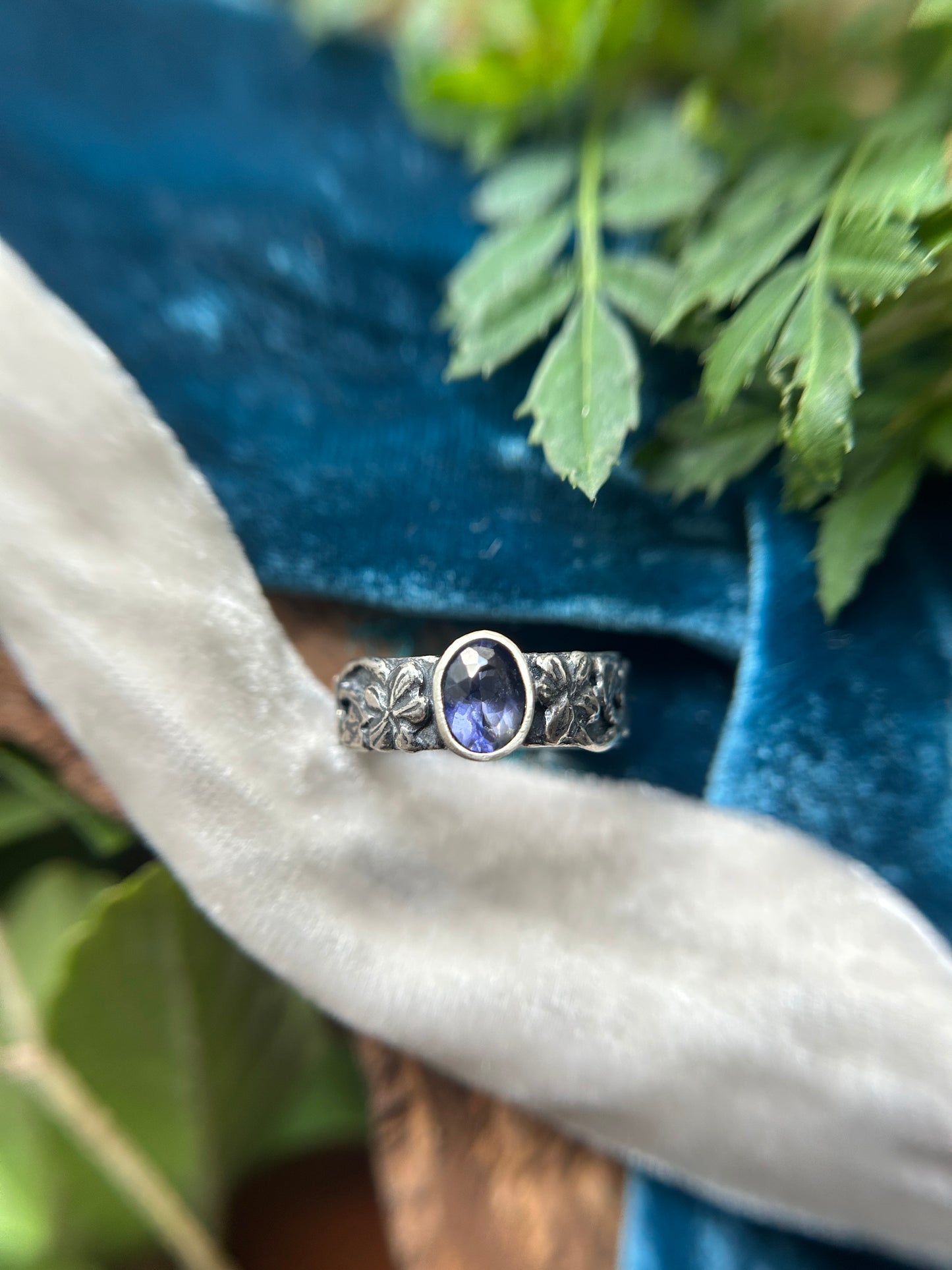 Woods Violet and Iolite wide hammered band ring- sterling silver jewelry