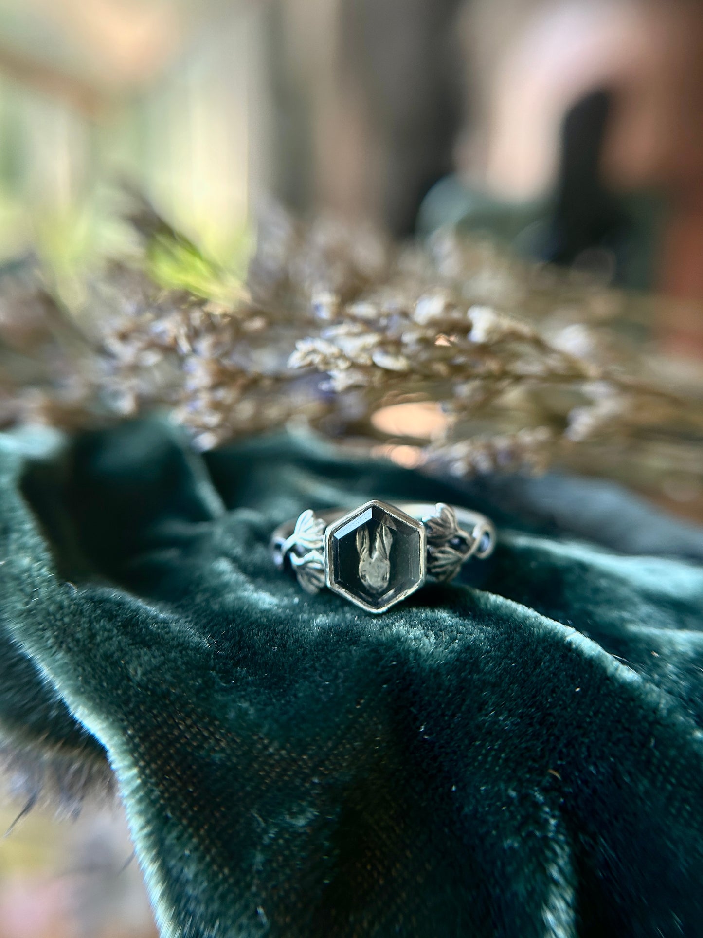 Rabbit in the Ivy Garden ring- sterling silver finished to ring size