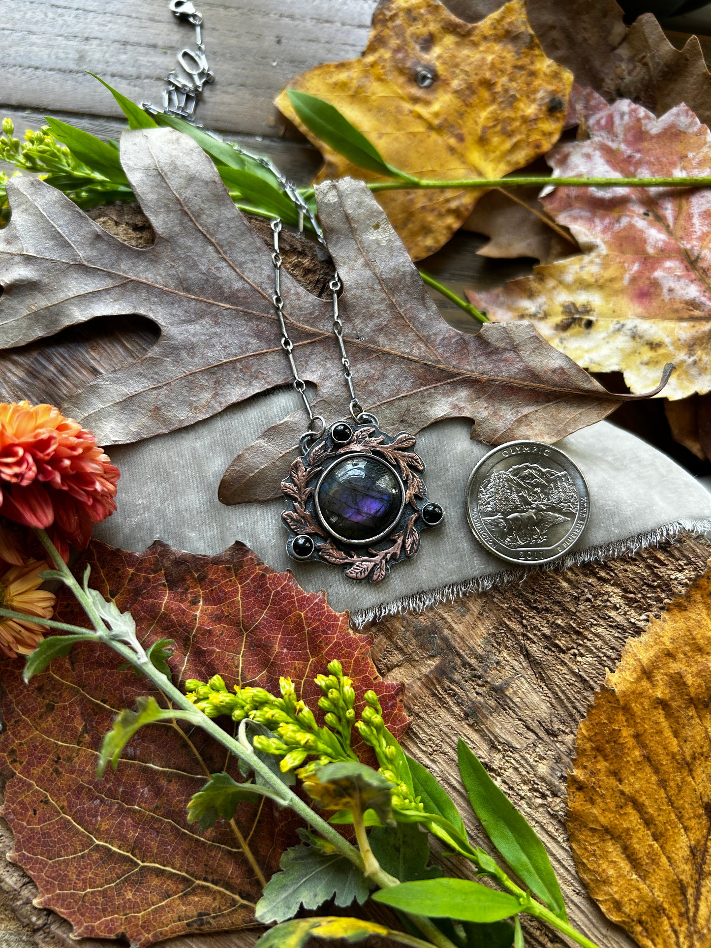 Autumnal Blackberry Vines with Purple Labradorite and Black Onyx- Sterling silver and copper jewelry