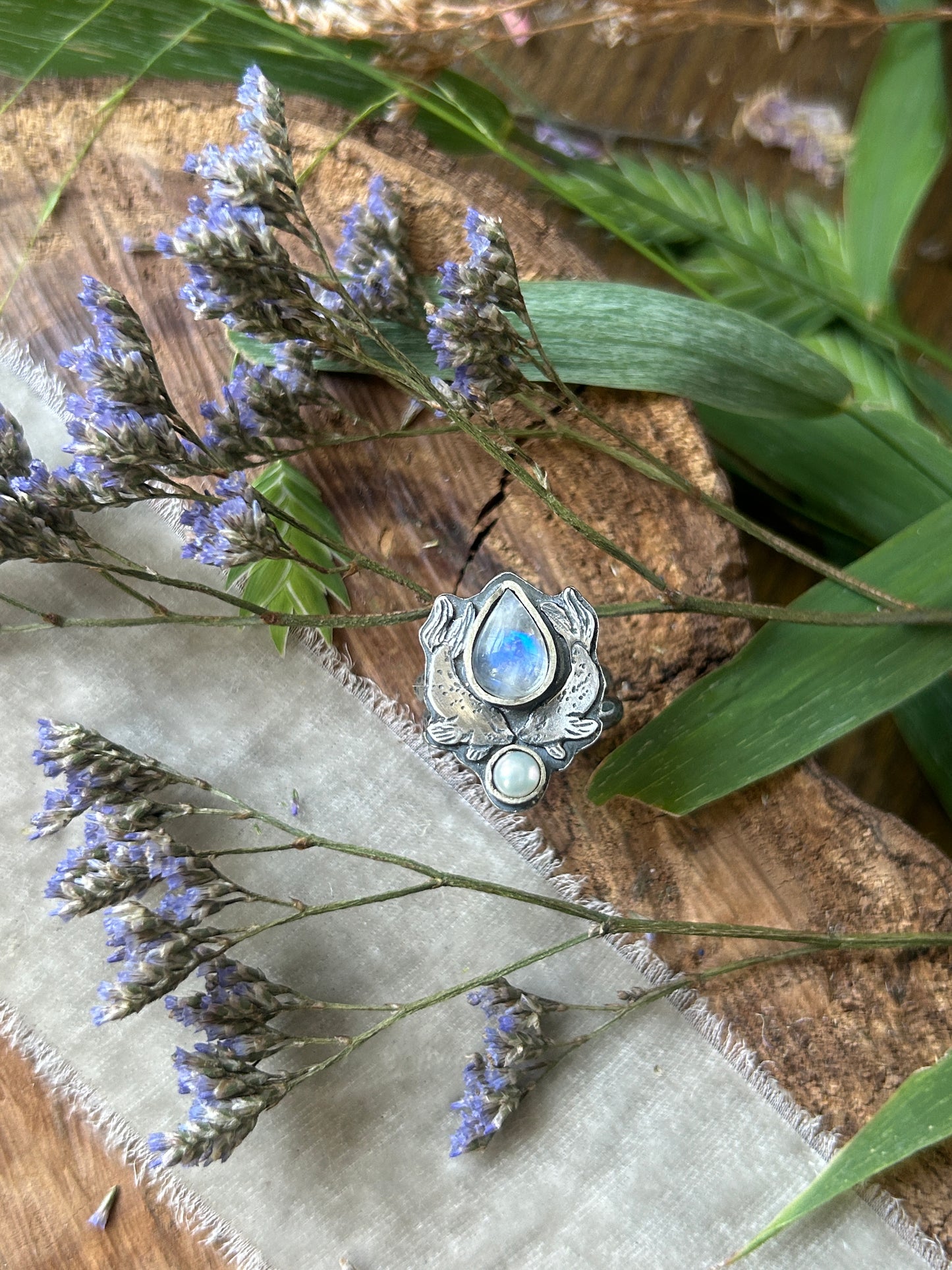 Selkie Tears Ring with Rainbow Moonstone and Pearl- sterling silver jewelry