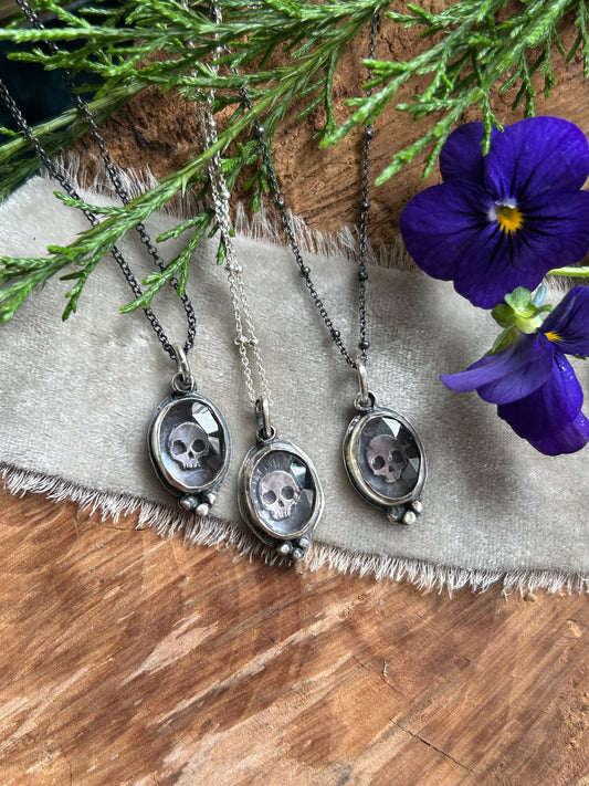 Amethyst skull necklaces-memento mori sterling silver ready to ship pendants