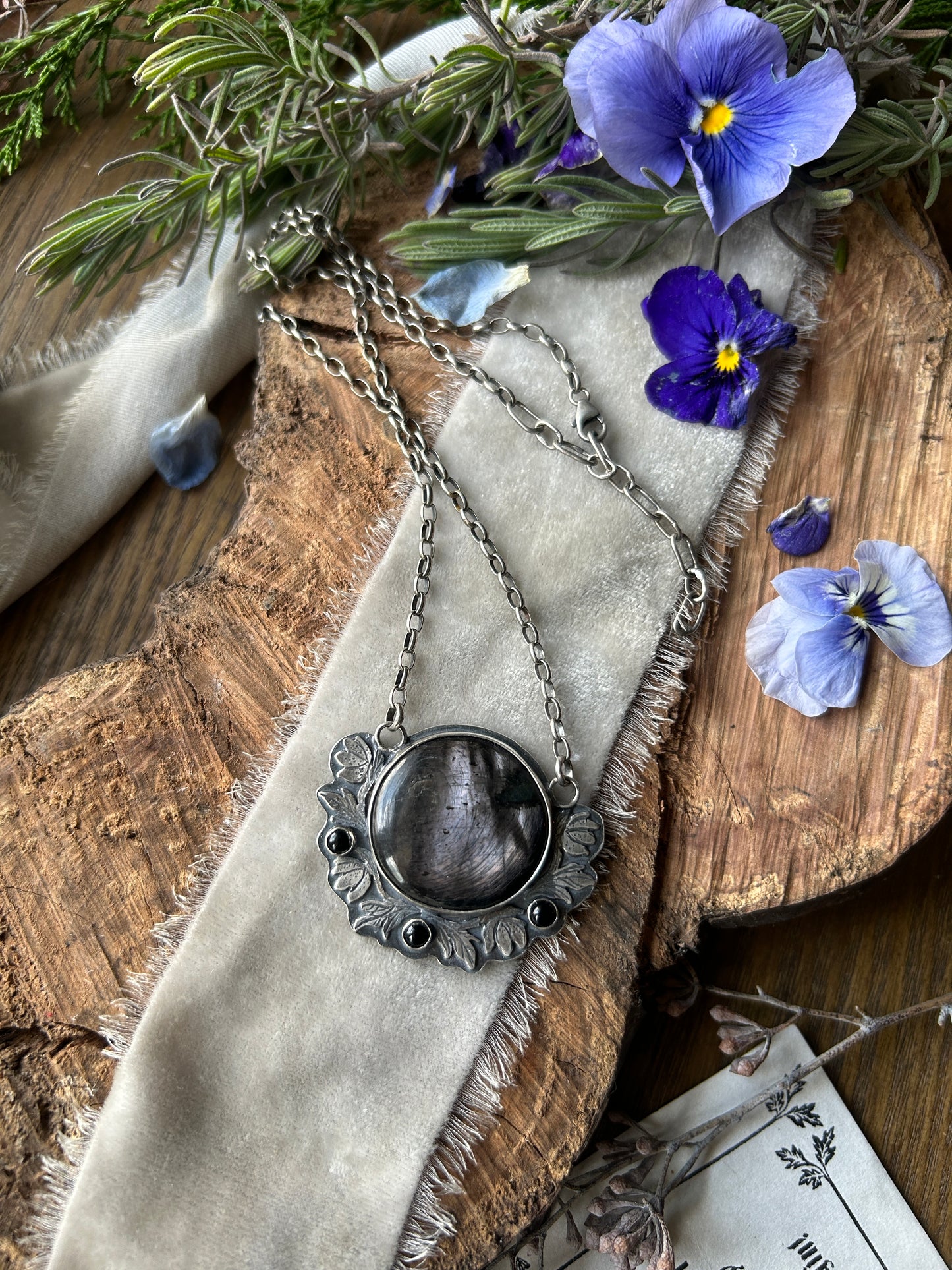 Hellebore Flowers with Hypersenthe and Black onyx- sterling silver necklace with adjustable chain