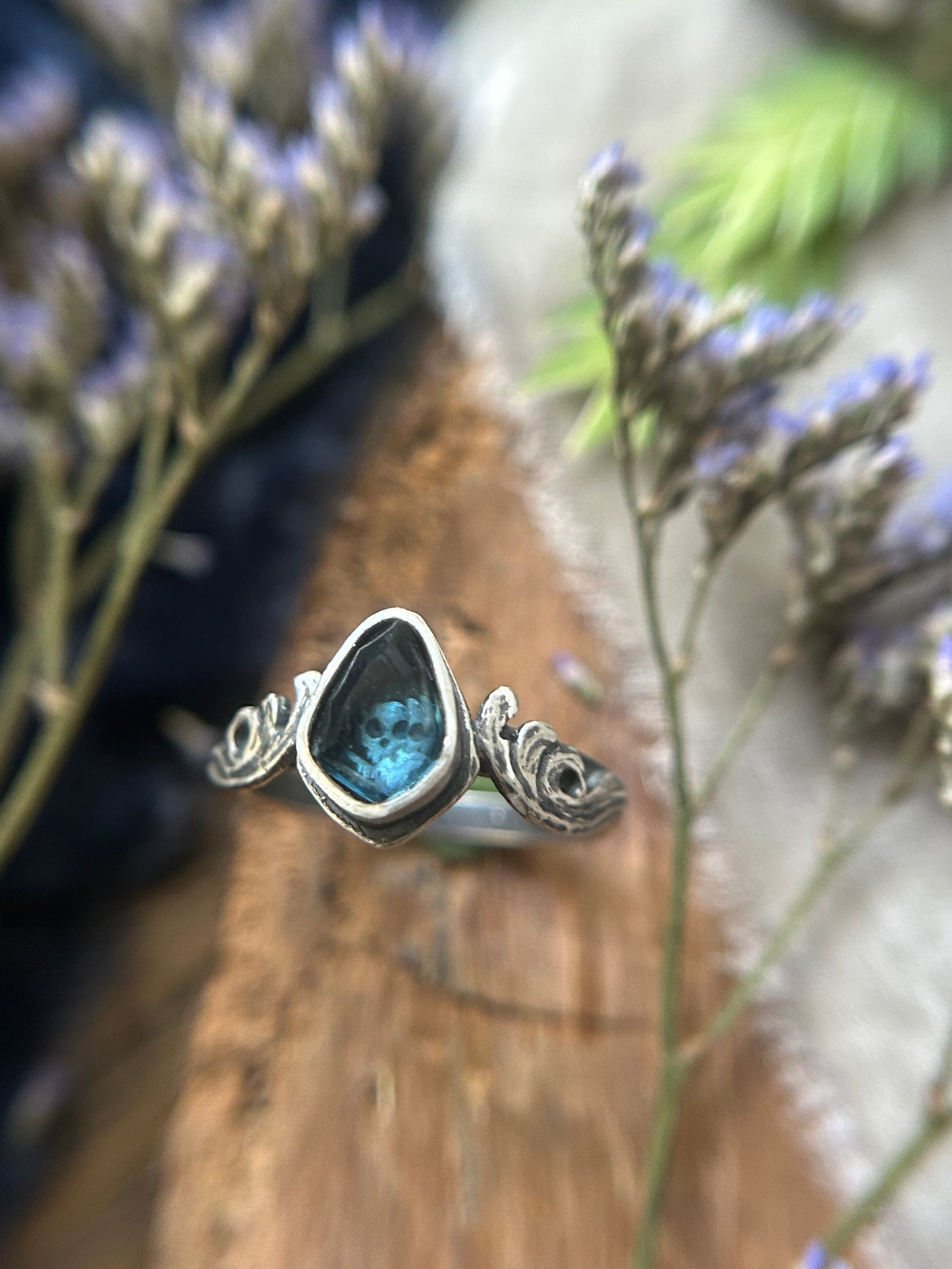 London Blue Topaz Memento Mori Skull and Waves Ring- sterling silver jewelry- MADE TO ORDER