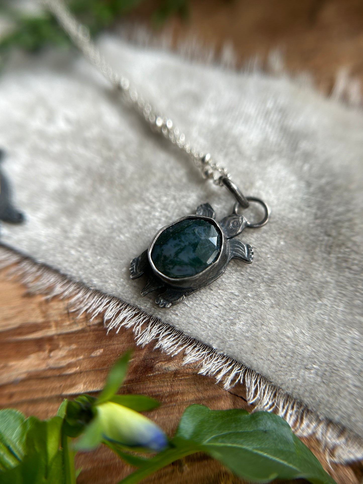 Moss Agate Swamp Turtle Necklace- sterling silver