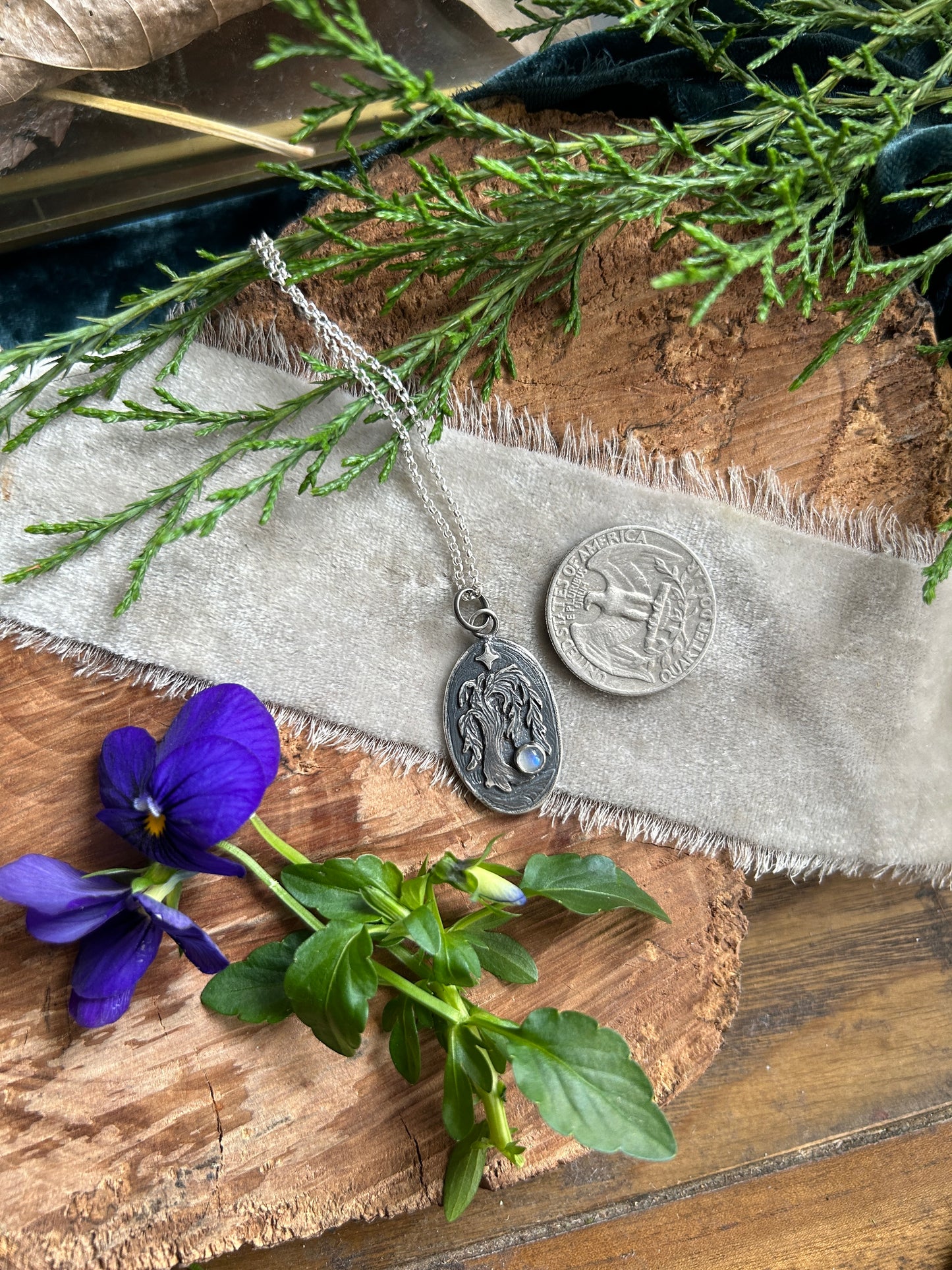 Moonlit Willow Pendant with rainbow moonstone and luna moth back detail