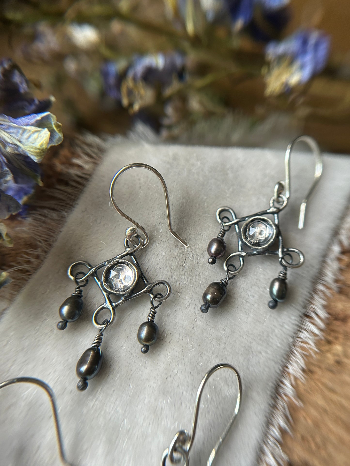 Skull Chandelier Earrings with black or white pearls- sterling silver memento mori jewelry