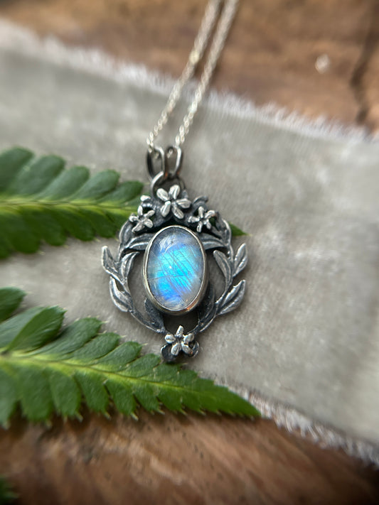 Rainbow moonstone with star jasmine and Luna moth necklace- sterling silver jewelry