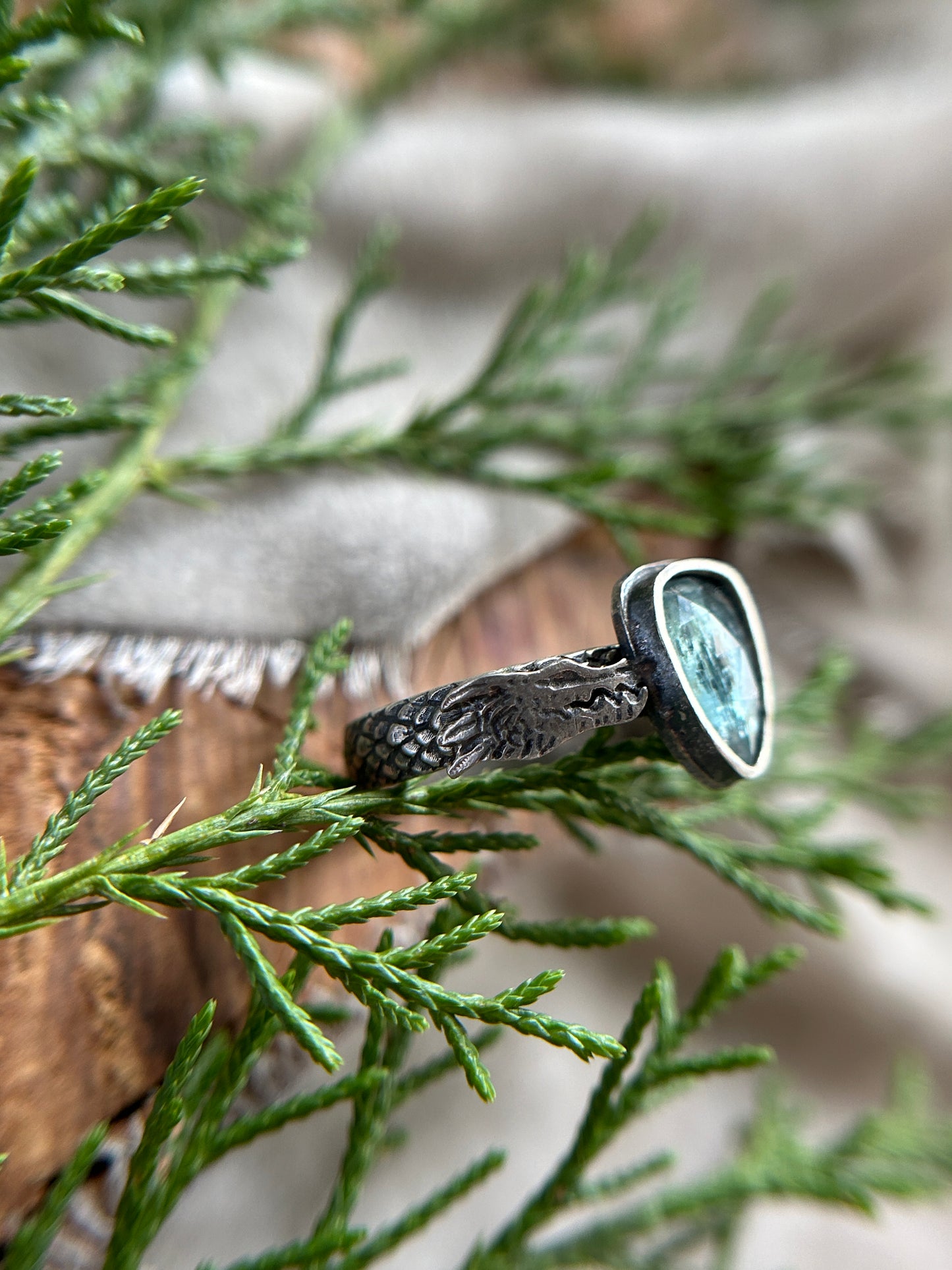 dragon ring in moonstone, star sapphire, or kyanite- finished to ring size-sterling silver dragon scale ring