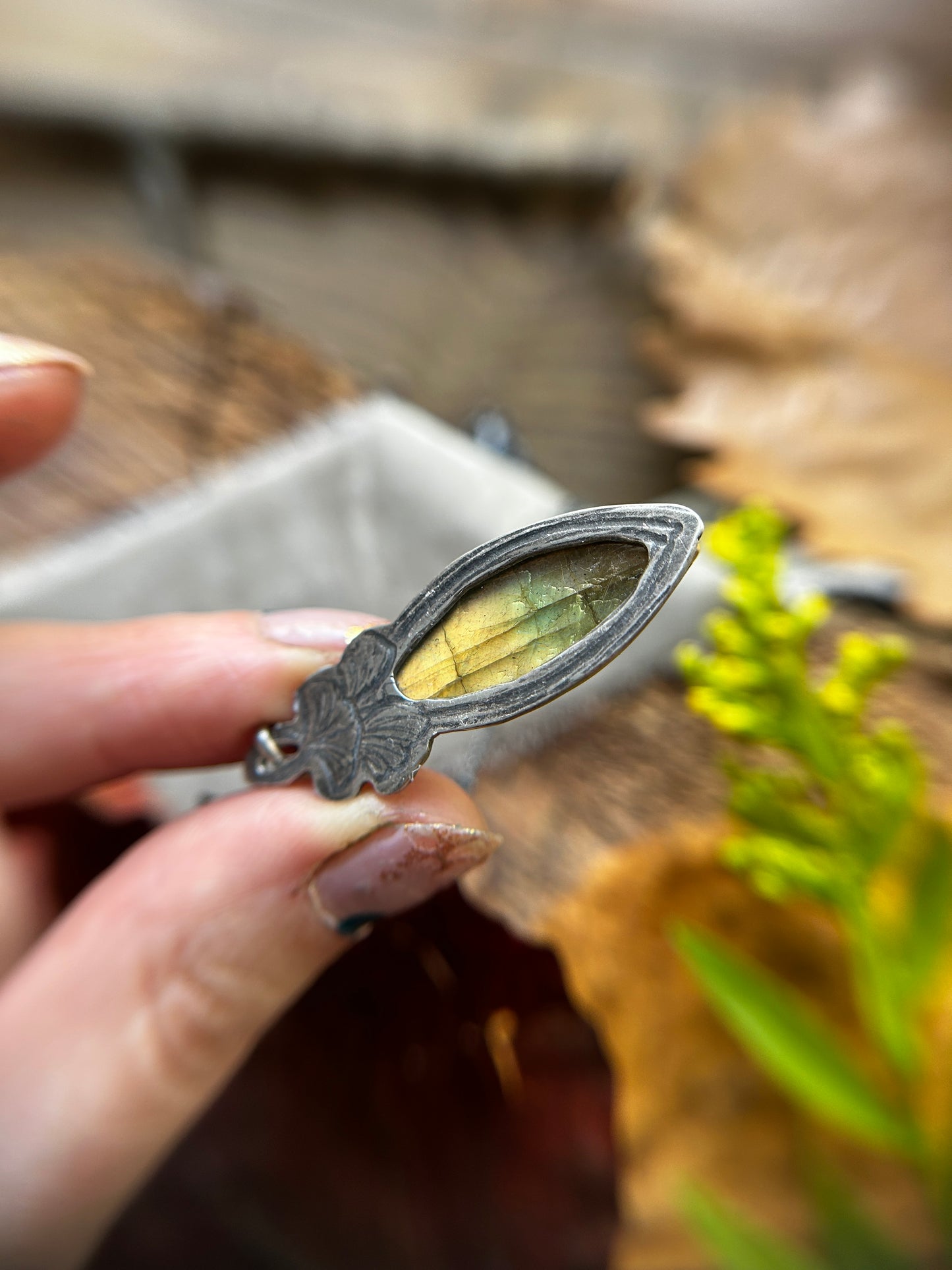 Golden Labradorite Ginkgo Leaf Necklace- sterling silver and brass jewelry