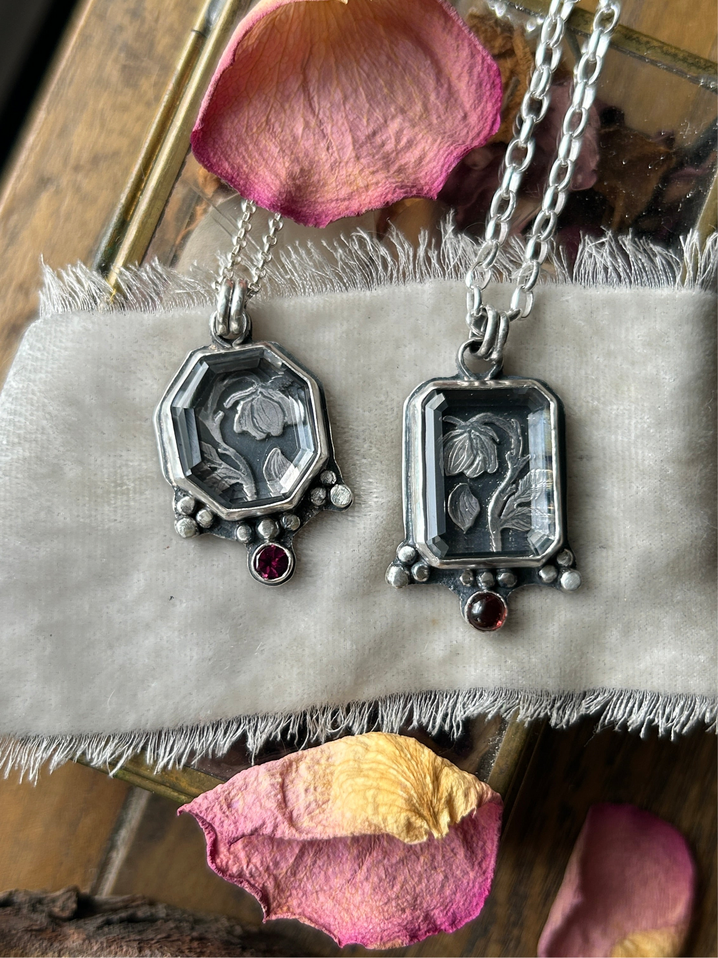 Enchanted Rose under Portrait Cut Quartz with garnet- sterling silver necklace